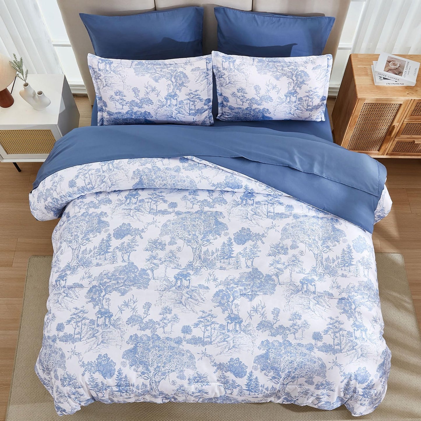 DJY Blue Comforter Set Queen, 7 Pieces Bed in a Bag Queen Size Botanical Comforters with Sheets Elegant Plants Print Soft Microfiber Reversible Complete Bedding Sets for All Season