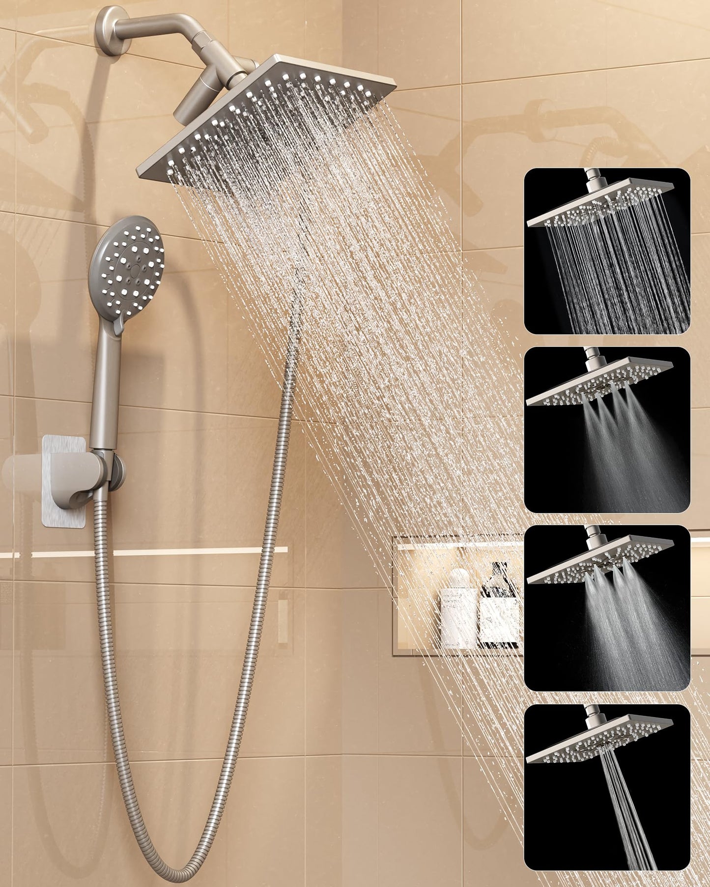 Veken High Pressure Rain Shower Head with Multi-Functions, Square Rainfall Shower Heads with 5-Mode Handheld Spray Combo, Detachable Hand Held Showerhead with Hose, Double Regaderas Para,Starlight