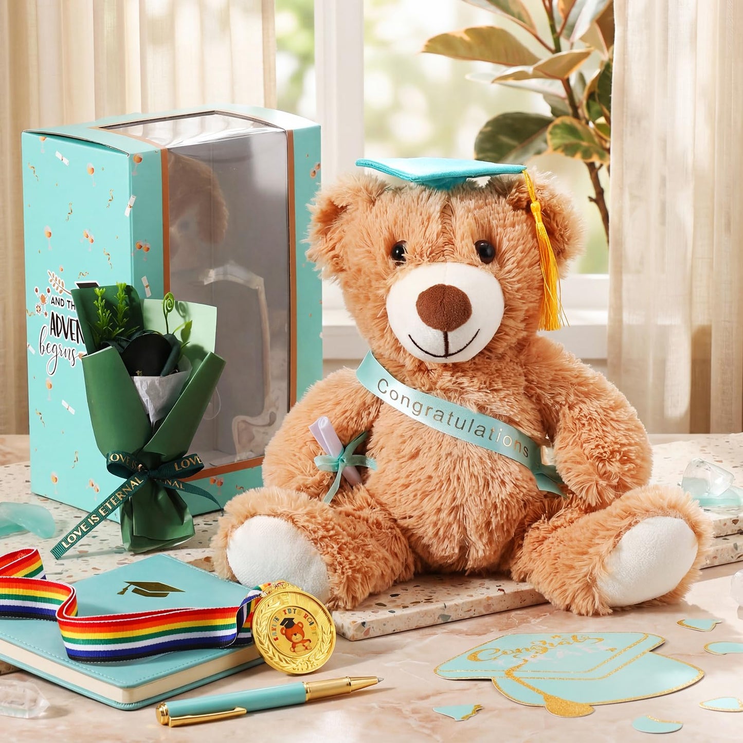 Soulchen 5 Pcs Graduation Gifts Set 14 Inch Graduation Bear Stuffed Animal Roses Bouquet Artificial Flower Award Medal with Neck Ribbon Greeting Card and Gift Box to Her Him(Yellow)