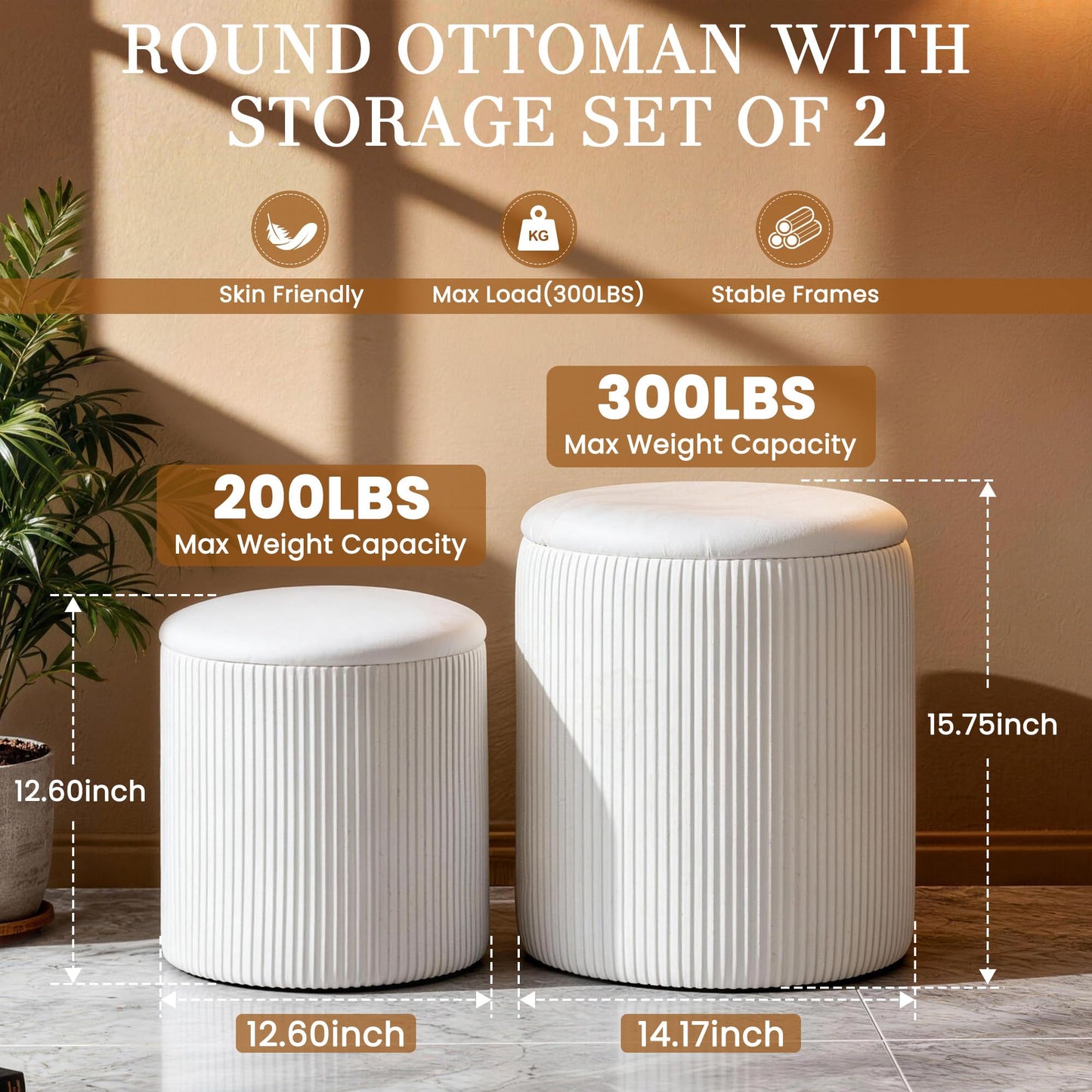 Canpsky White Vanity Stool Set of 2 - Round Storage Ottoman with Lid, Velvet Footrest Pouf for Makeup Room & Living Room, Multi-Use Small Chair with Hidden Storage（White）