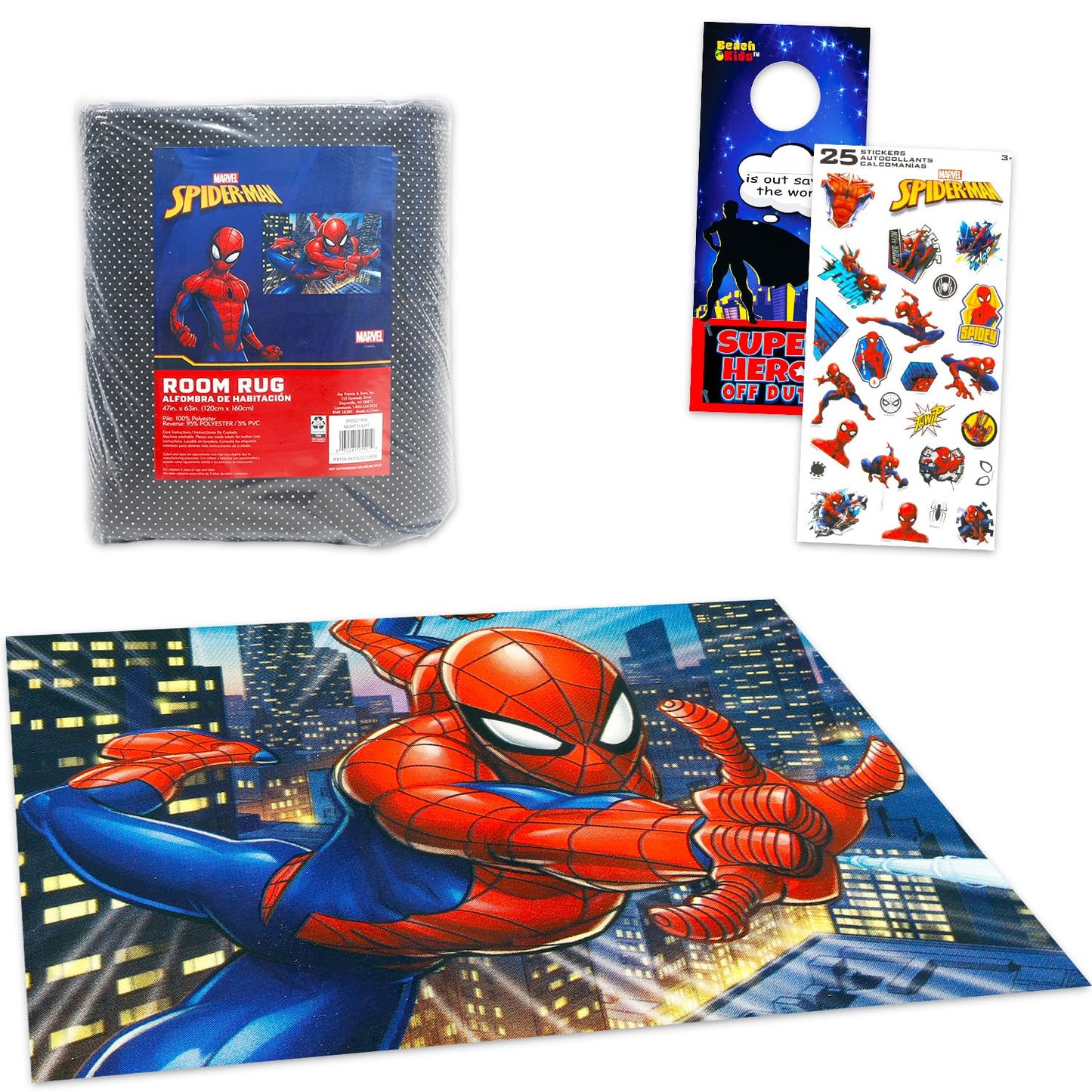 Spiderman Rug for Kids Room Set - Bundle with 48x72in Area Carpet for Bedroom, Room Decor, Plus Stickers and More | Spiderman Rug for Bedroom