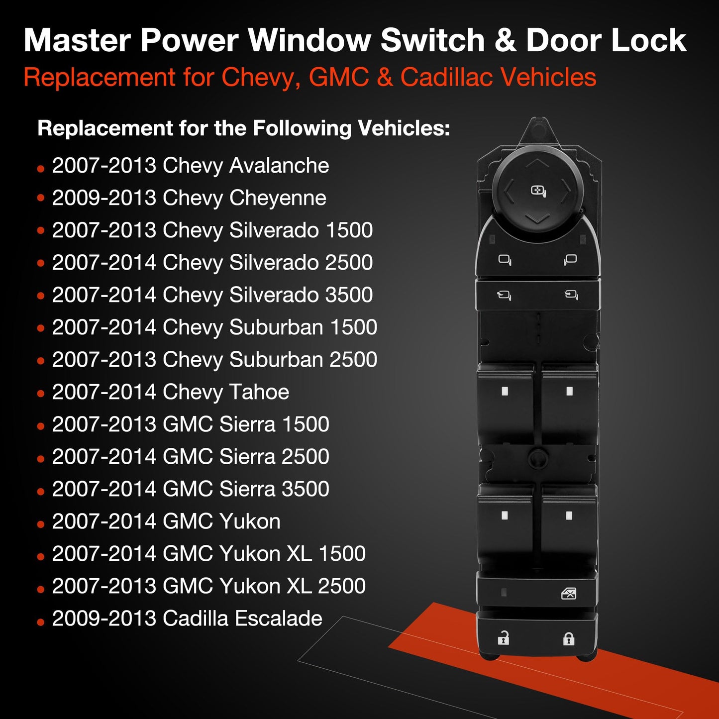 20835553 Driver Side Power Master Control Window & Mirror & Door Lock Switch - Fit for 2007-2014 Chevy Avalanche Cheyenne Tahoe Silverado Suburban/GMC Sierra Yukon XL 1500 2500 3500 Cadilla Escalade