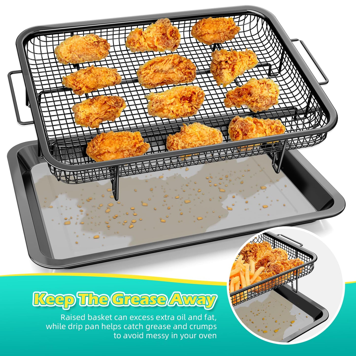 Air Fryer Basket, OPENICE 2 Set Air Fryer Pan and Crisper Tray for Oven, Non-stick Oven Air Fryer Basket for Baking and Crispy Foods - Black