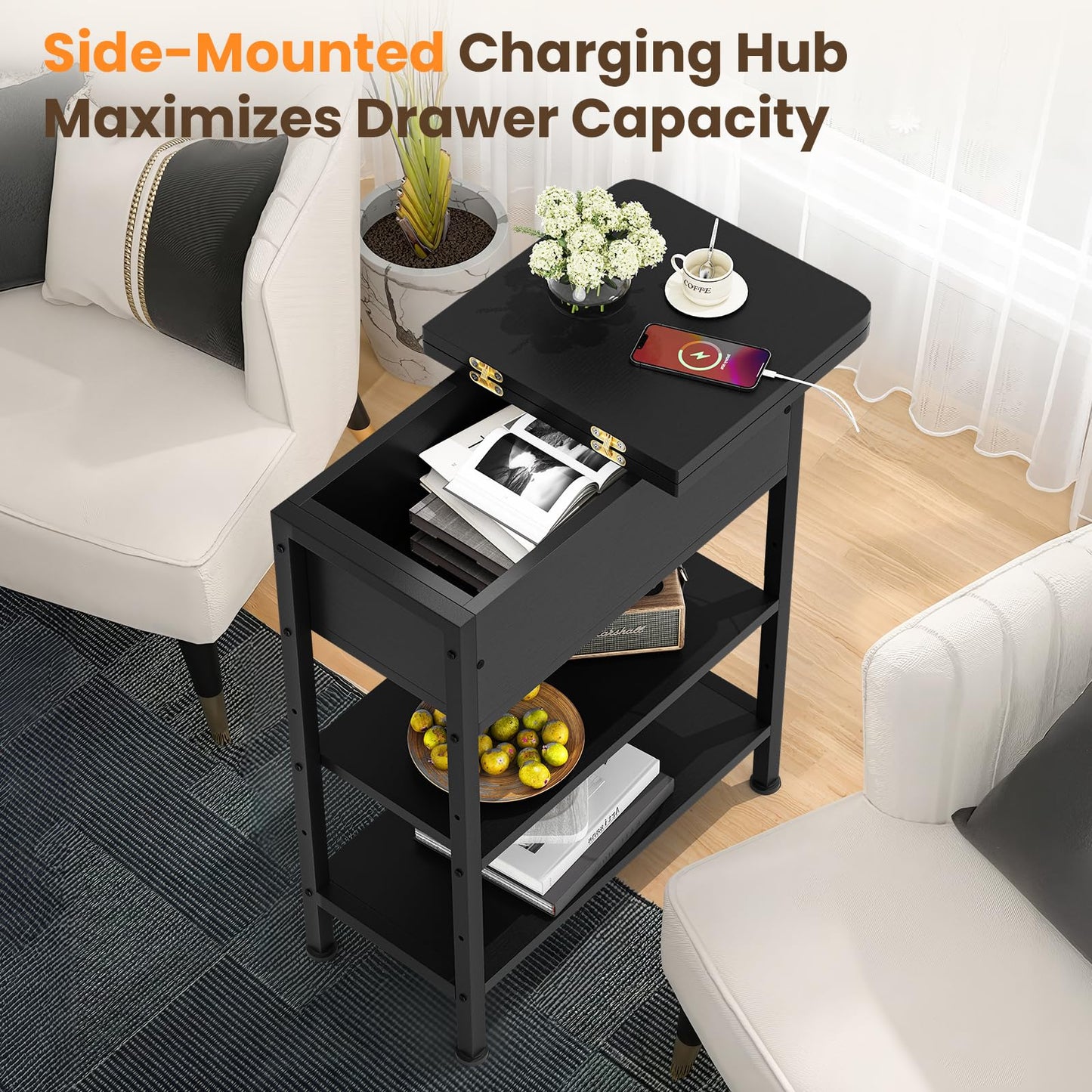 GRUSIGN End Table with Charging Station, Flip Top Side Table with USB Ports and Outlets, 3-Tier Small Side Table with Storage for Small Space, End Tables for Living Room/Bedroom, Black