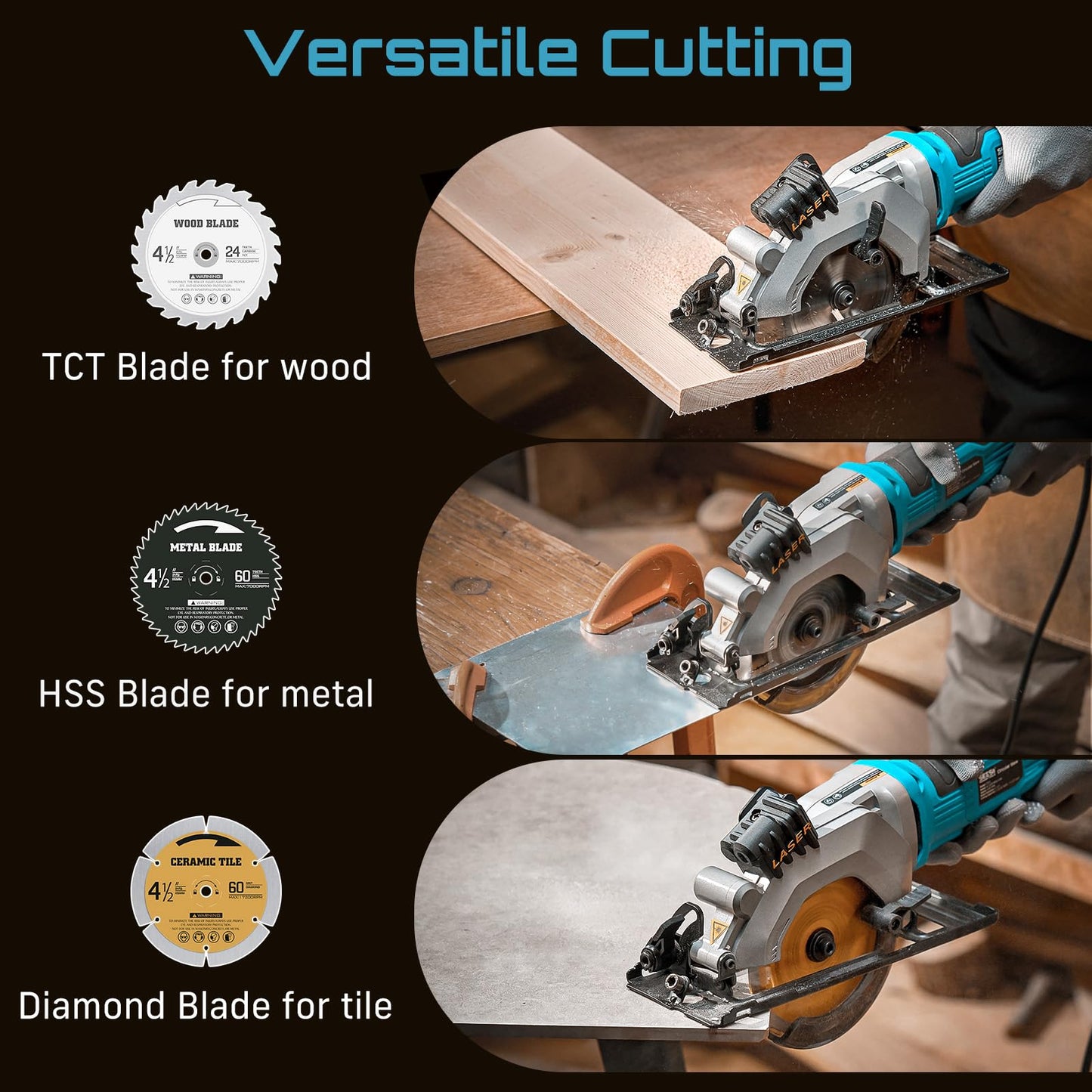 Seesii Mini Circular Saw with Laser Guide,4.8A 4000 RPM Compact Corded Circular Saw with Rip Guide,3 Blades (4-1/2") for Wood,Soft Metal,Tile,Plastic Cutting,Max Cut Depth 1-11/16"(90°),1-1/8" (45°)
