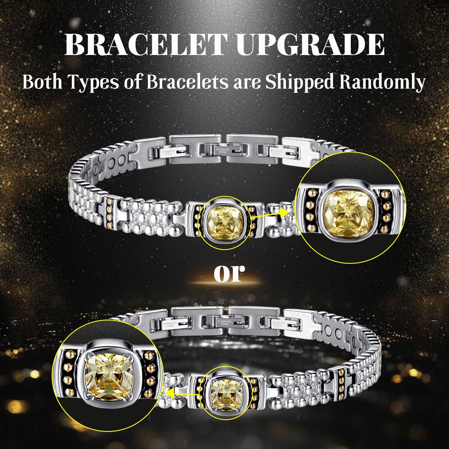 RainSo Magnetic Bracelets for Women Elegant Yellow Gemstone Inlaid Stainless Steel 3500 Gauss with Sizing Tool Gift Box Adjustable (Silver)