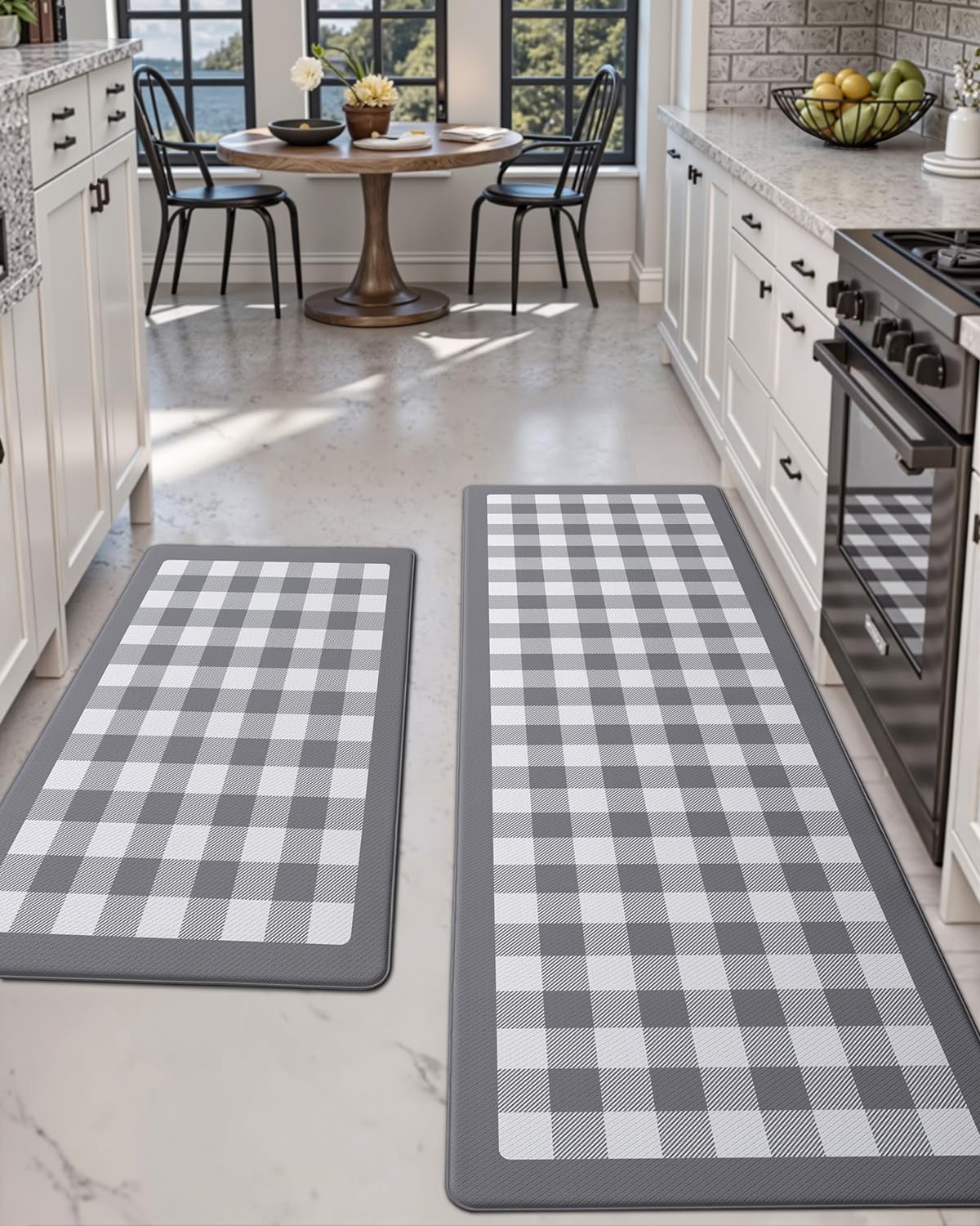 DEXI Kitchen Floor Mats Anti Fatigue, 20x29+20x59 Large Wide Cushioned Runner Rug Memory Foam, Waterproof Comfort Standing Padded Non Skid for Home Office Sink Laundry Grey and White Buffalo Plaid