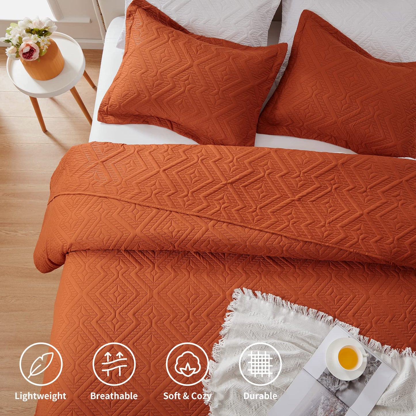 LEAONME Full/Queen Quilt Set 3 Pieces, Lightweight Burnt Orange/Rust Bedspread-90''x98'', Soft Microfiber Summer Quilt, Luxurious Warm Coverlet Set for All Seasons (Includes 1 Quilt, 2 Shams)