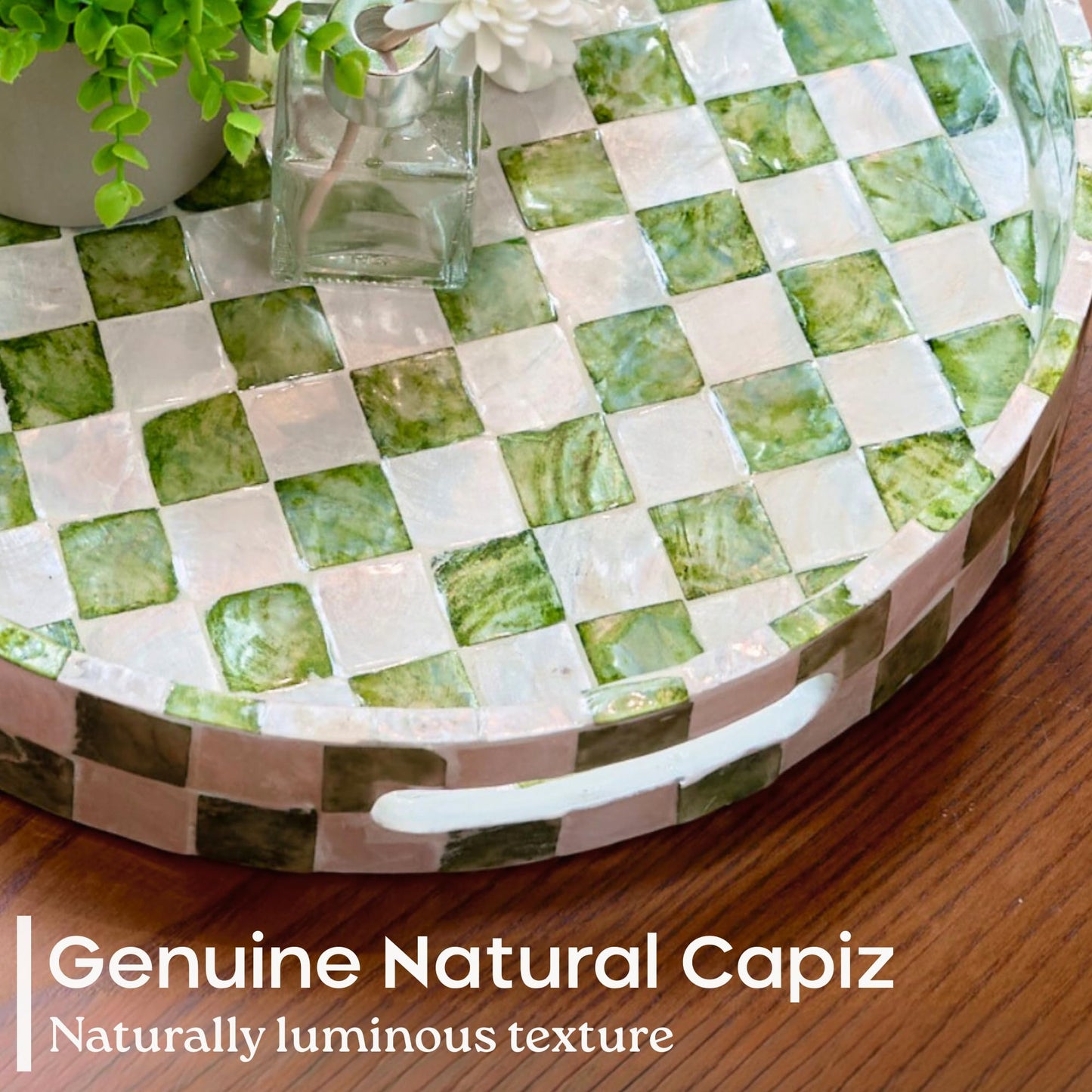 CHI AN HOME 12.6" Round Decorative Tray with Handles, Checkered Capiz Mother of Pearl Serving Tray for Coffee Table, Kitchen Counter, or Bathroom (Pistachio Green and White)
