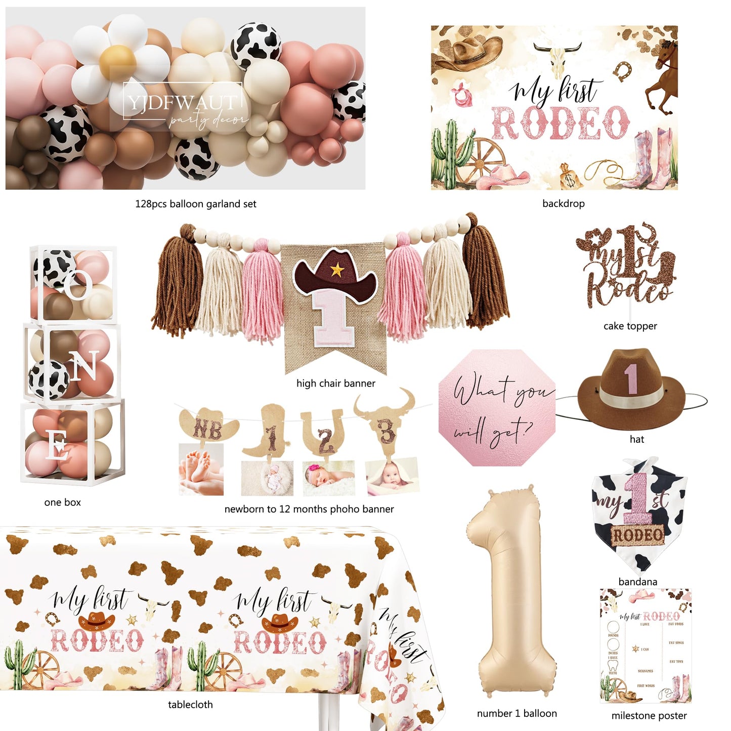My 1st Rodeo Birthday Decorations Girl, Western Cowgirl First Birthday Party Supplies, Cowgirl Balloon Arch, Backdrop, High Chair Banner, ONE Box, Tablecloth for Girls 1 Year Old Party