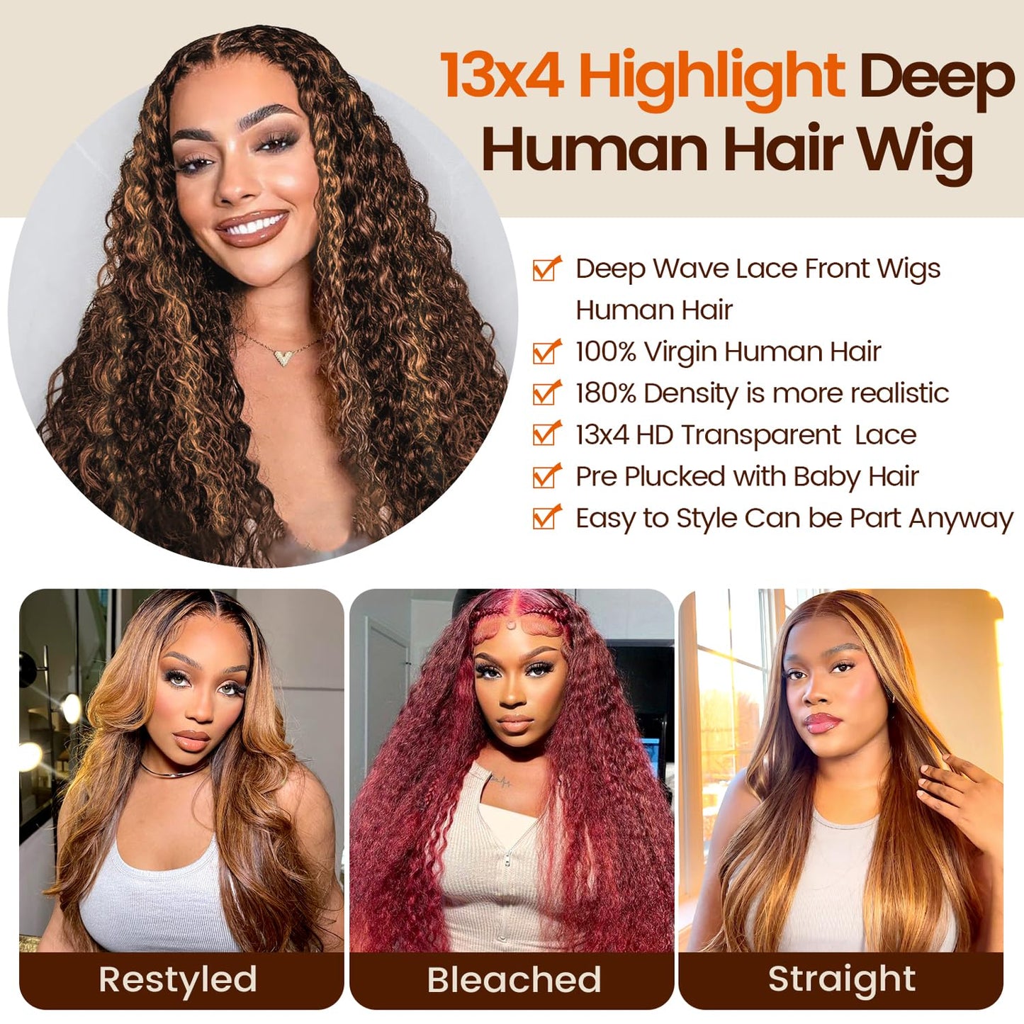 13x4 Highlight Ombre HD Lace Front Wig Human Hair 180% Density Honey Blonde Deep Wave Lace Front Wigs Human Hair Lace Front Wigs for Women P4/27 Colored Deep Curly Wave Lace Frontal Wigs (26inch)