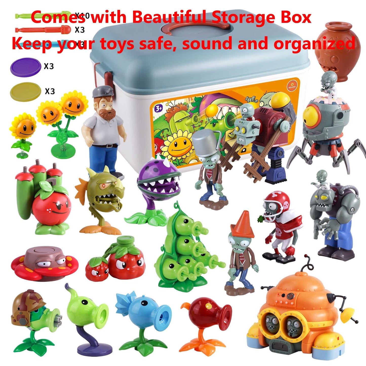 ROLOSO Plants and Zombies Toys Figures vs Peashooter Party Favors Birthday Decorations Supplies Plush Sets Playset Series 2 PVZ Kids Games Books Zomboss Gargantuar with Storage Box