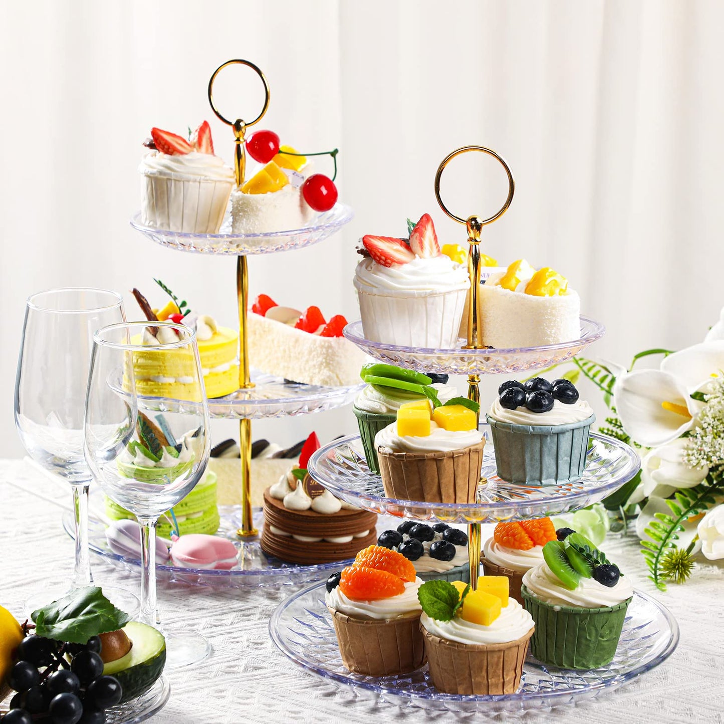 Patelai 8 Packs 3 Tier Crystal Acrylic Clear Cake Stand with Gold Round Holder Acrylic Cupcake Stand Holder for Home Wedding Holiday Birthday Baby Shower Tea Party (Clear)