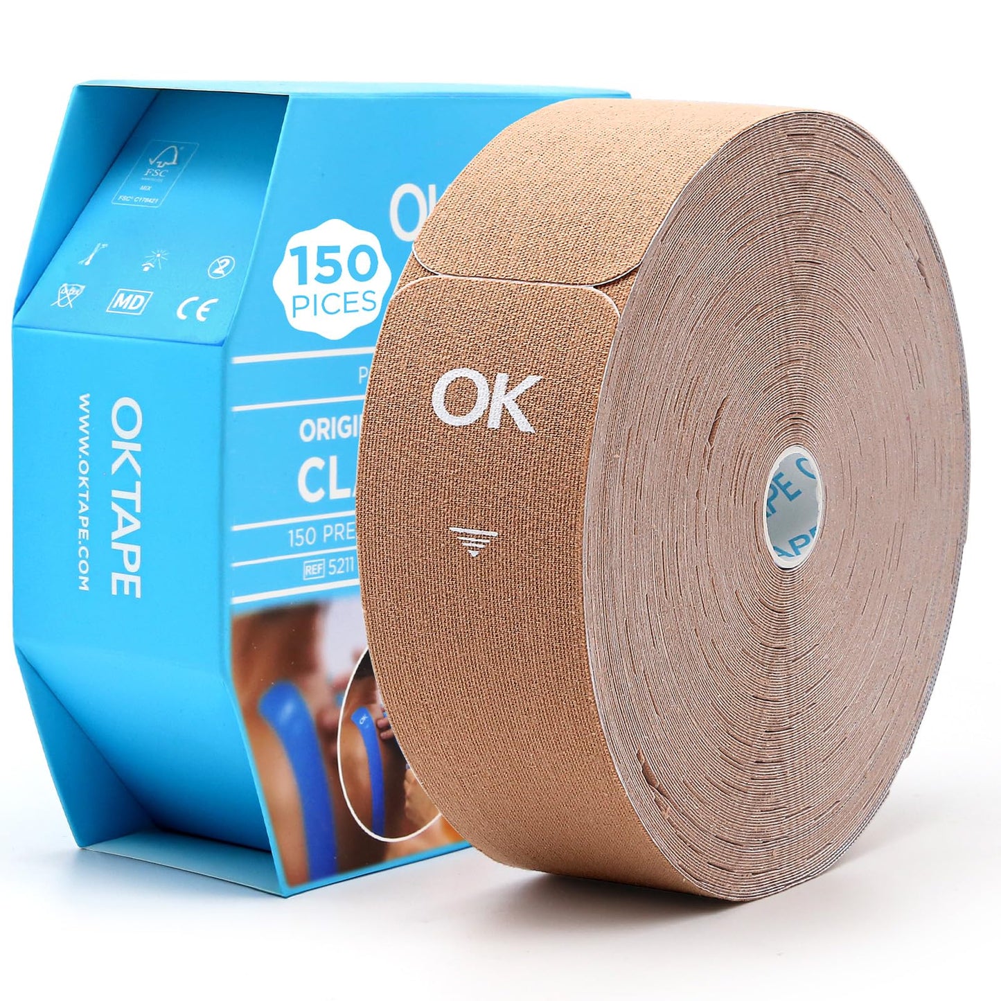 OK TAPE Kinesiology Tape Pre Cut Strips Bulk (150 PCS),Elastic Cotton Latex Free Hypoallergenic Athletic Tape Roll for Muscle Joint Knee,Waterproof k Tape 2in×10in/PCS