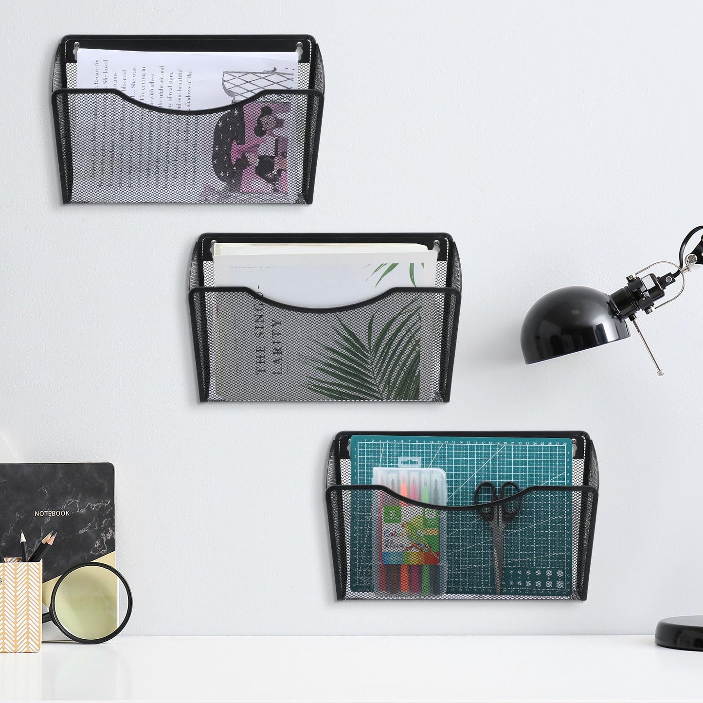 Tenceur 3 Pcs Mesh Letter Wall File Folder Cubicle File Holder Hanging Wall Mounted File Holder 3 Pocket Vertical File Organizer for Office Home Room Storage Basket(13.19 x 12.2 x 3.07 Inch,Black)
