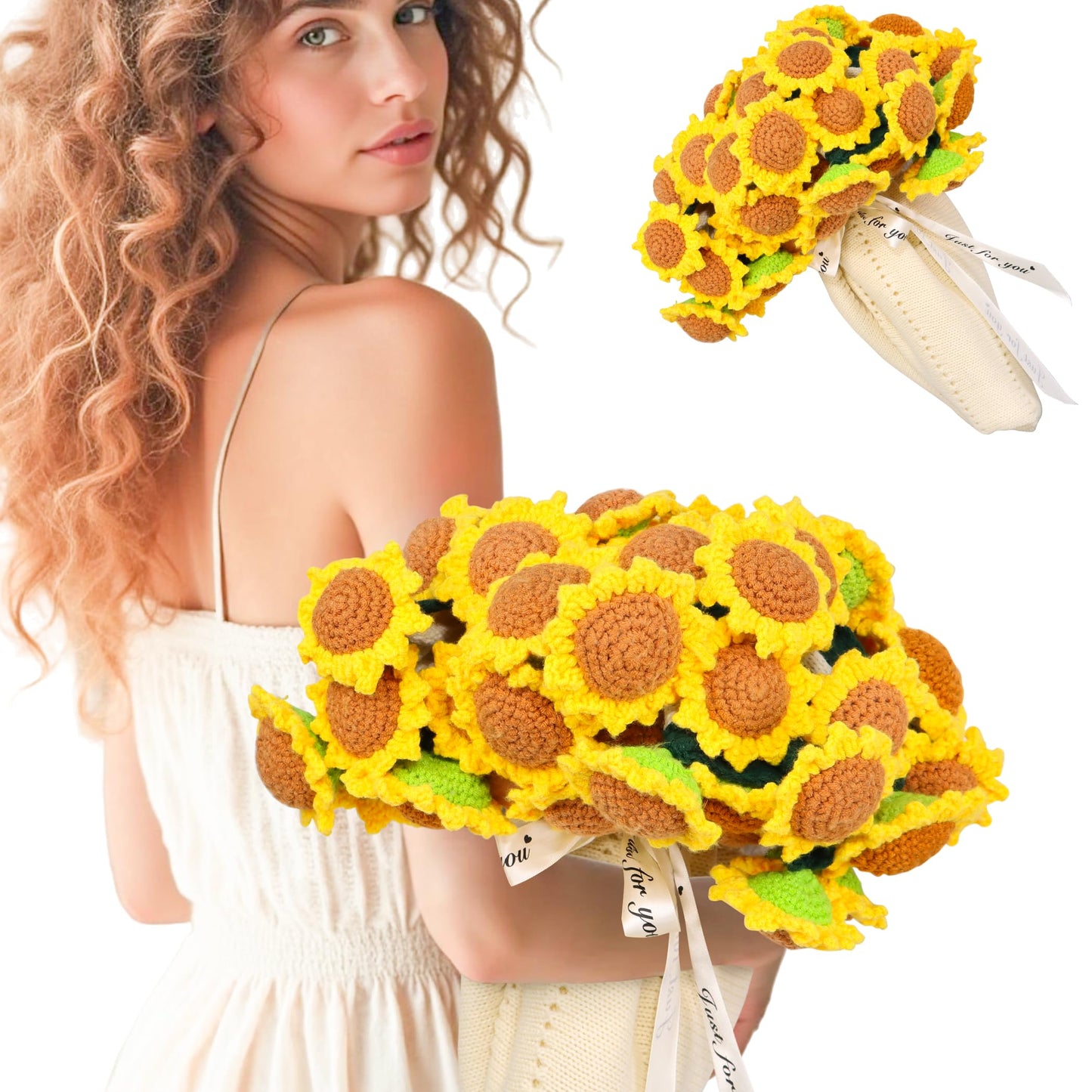 LOKOZ Sunflower Gifts for Women Get Well - Crochet Flowers Bouquet Blanket, Teacher Appreciation Gifts for Mom Sister Her Grandma Wife Birthday Presents Anniversary Home Decor 43 Inches