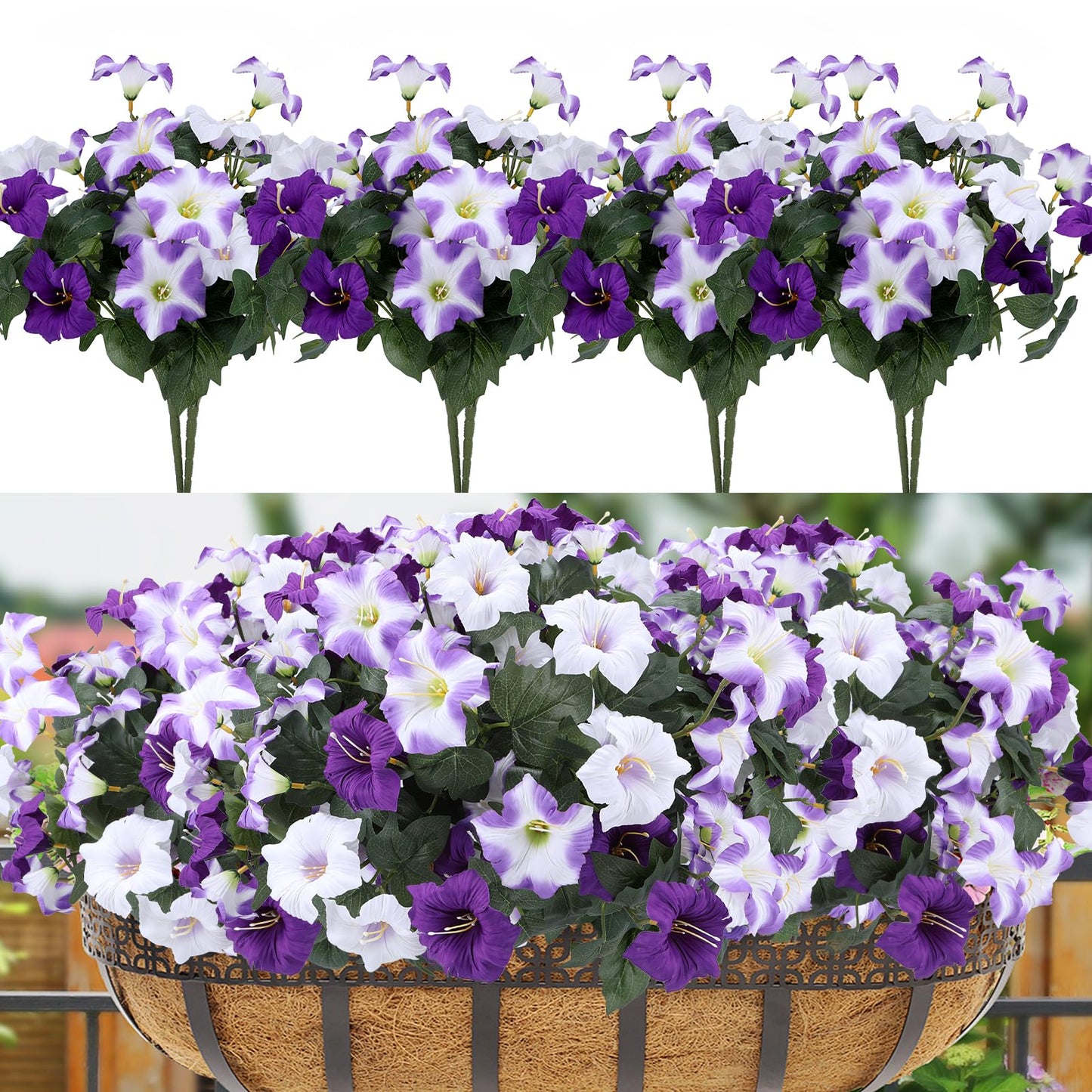 Geegoods Artificial Flowers Plants for Outdoors, 8 Bundles UV Resistant Fake Faux Petunias for Outdoor Planters Patio Front Porch Balcony Garden Decor