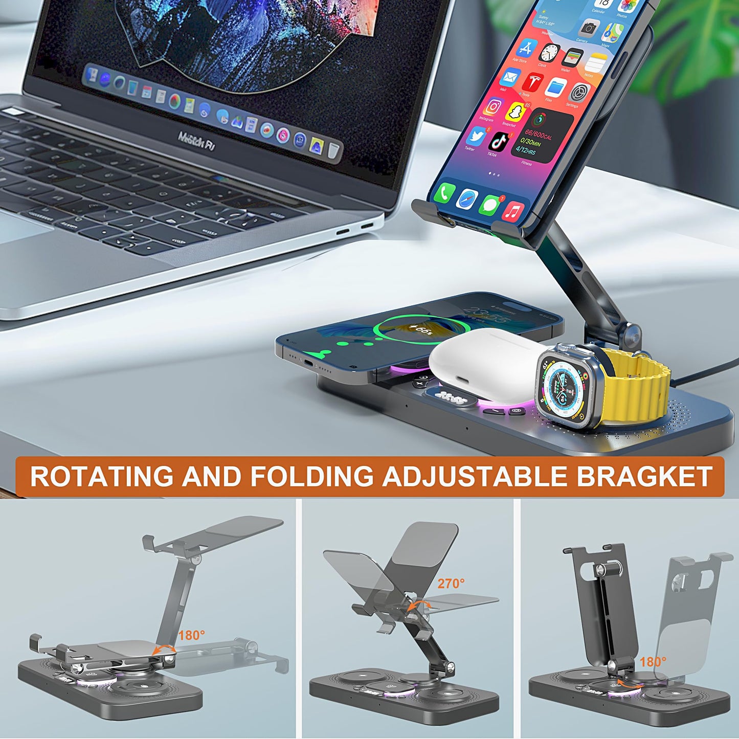 RFVUC 6 in 1 Wireless Charging Station, 30W Wireless Charger with Clock & 7-Color Night Light, Charging Stand Dock for iPhone 16/15/14/13/12/Pro/Max/XR/Samsung Galaxy,for AirPods iPad Apple Watch