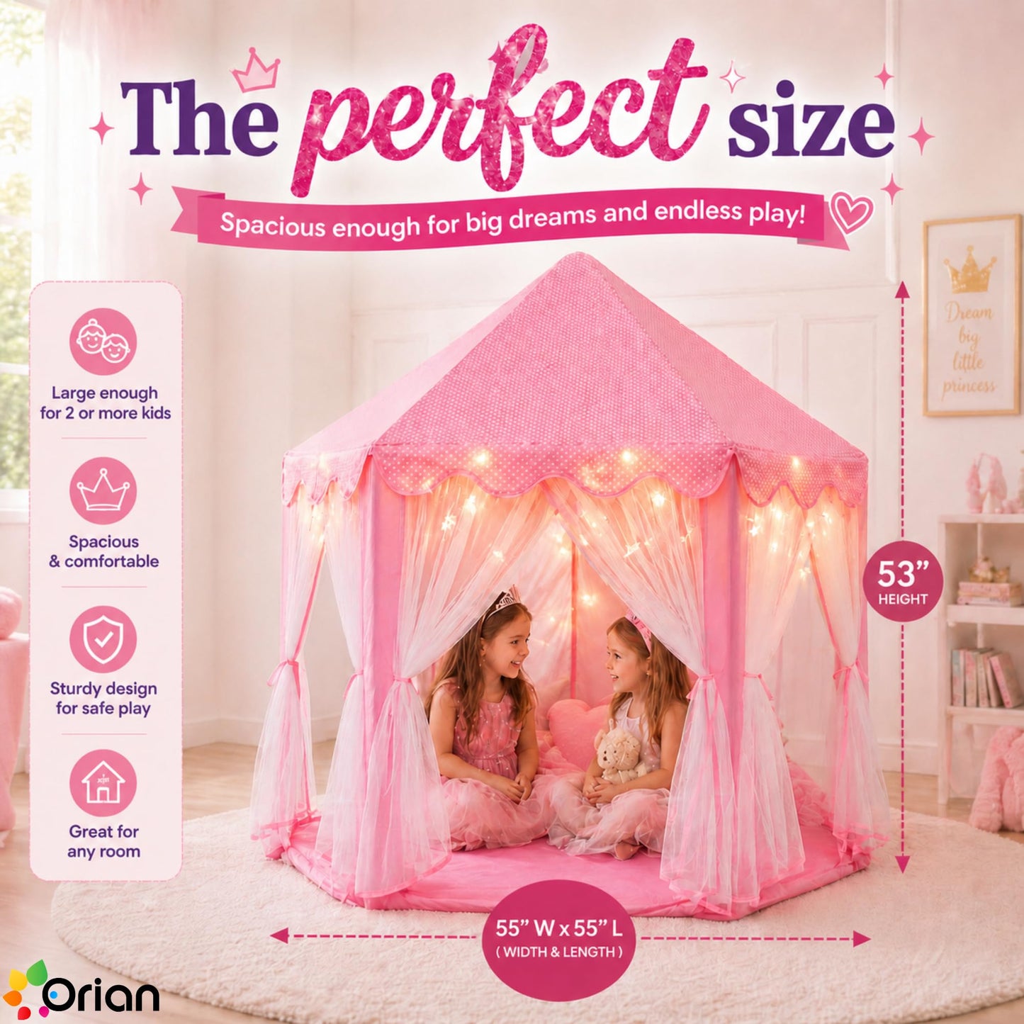 ORIAN Princess Castle Playhouse Tent for Girls with LED Star Lights – Indoor & Outdoor Large Kids Play Tent for Imaginative Games – ASTM Certified, Princess Tent, 230 Polyester Taffeta. Pink 55"x53".