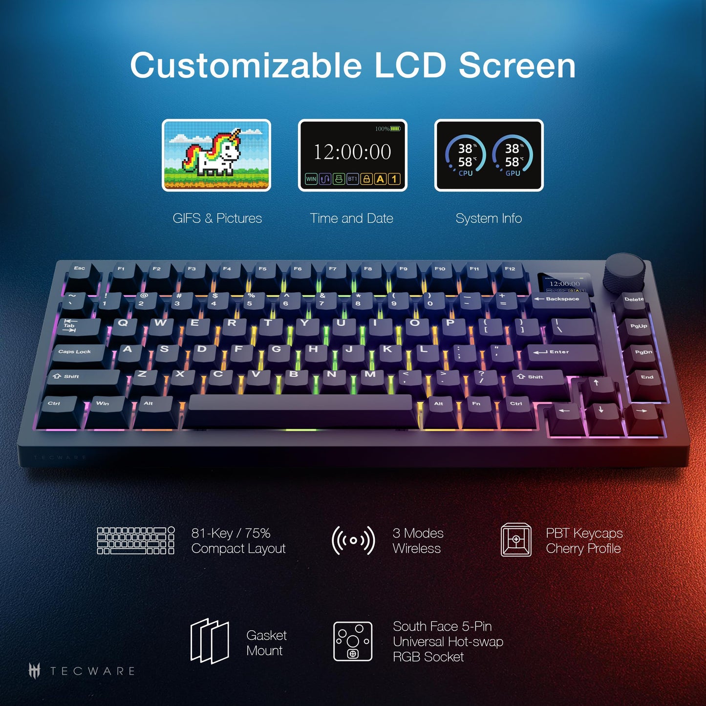 TECWARE Spectre 75% RGB Mechanical Gaming Keyboard with Customizable LCD Screen, Multi-Function Knob, Gasket Mount, South Face 5-Pin Universal Hot-Swappable Sockets Black Cocoa Brown Switch
