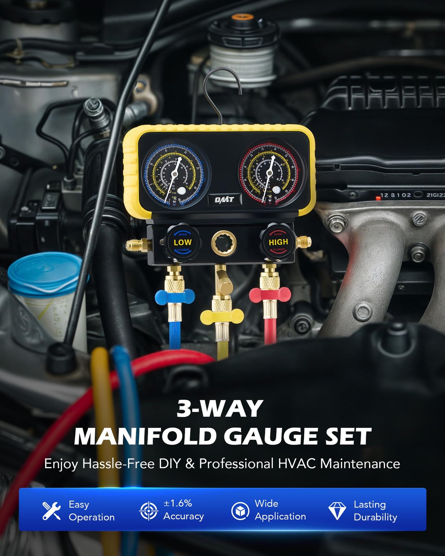 Orion Motor Tech R410a Gauges, AC Manifold Gauge Set for R22 R32 410A 134A Refrigerant, 3 Way AC Gauges R410a Manifold Set with R410a R22 Safety Valves, 3 Hoses, R410a Adapters, Universal Can Tap