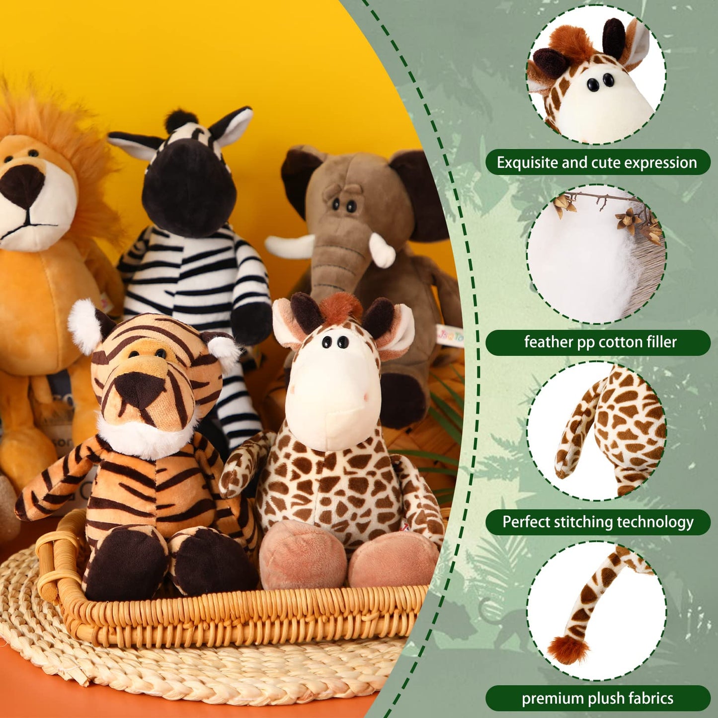12 Pieces Safari Stuffed Animals 11.8 Inch Jungle Animal Toys Set for Boys Girls Plush Forest Lion Elephant Zebra Giraffe Tiger Monkey for Zoo Party Teacher Student Award (Cute Style)
