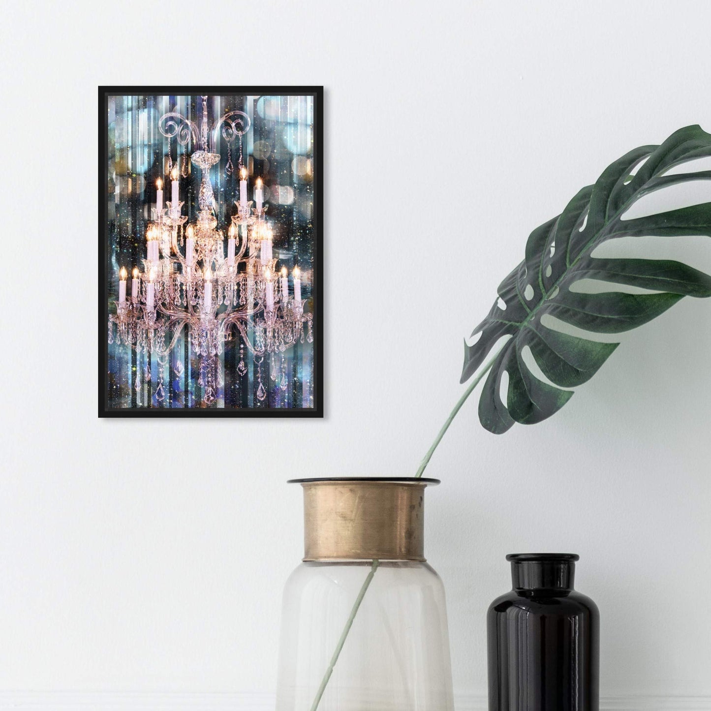 The Oliver Gal Artist Co. Fashion and Glam Wall Art Framed Canvas Prints 'Diamond Covered Eyes' Chandeliers Home Décor, 10" x 15", White, Blue