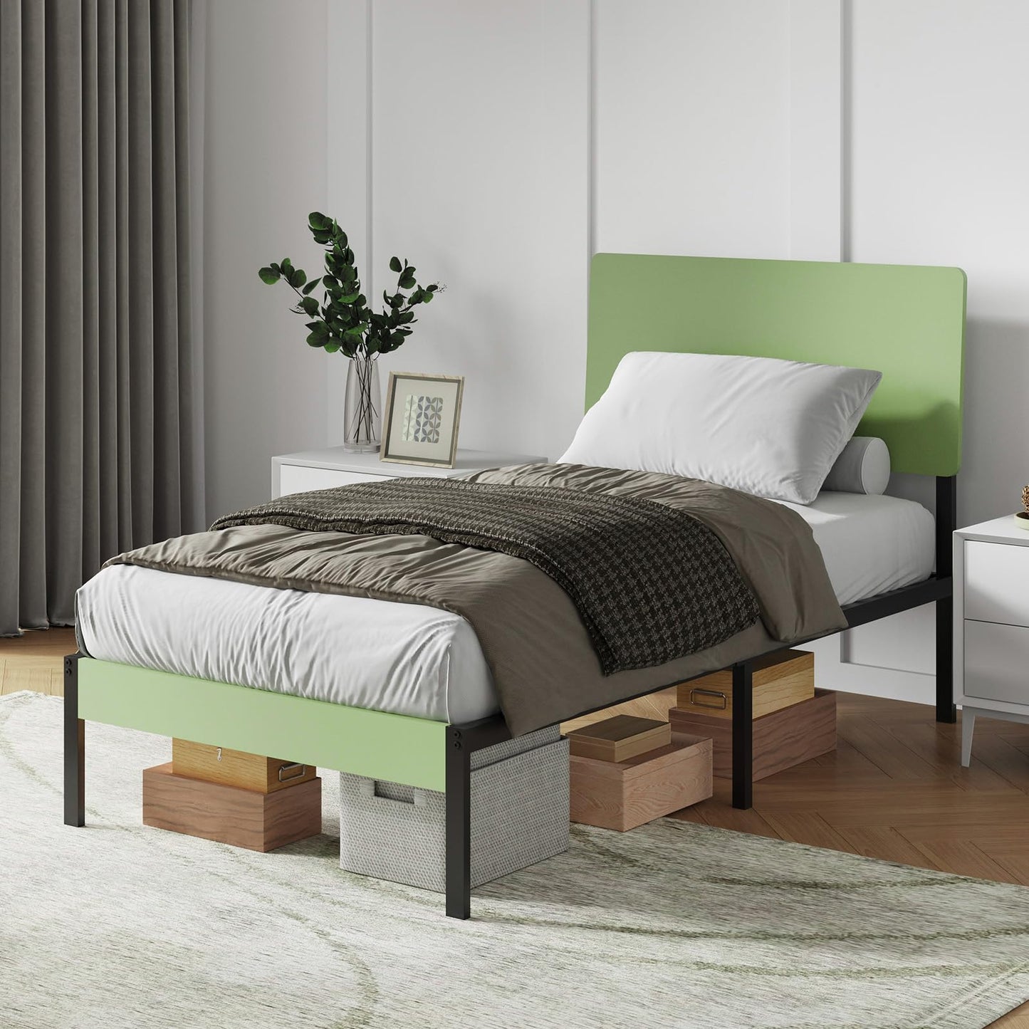 Novilla Twin Bed Frame with Modern Wooden Headboard, Easy Assembly & Noise-Free, Under-Bed Storage, Sturdy Metal Platform for Bedroom & Guest Room, No Box Spring Needed