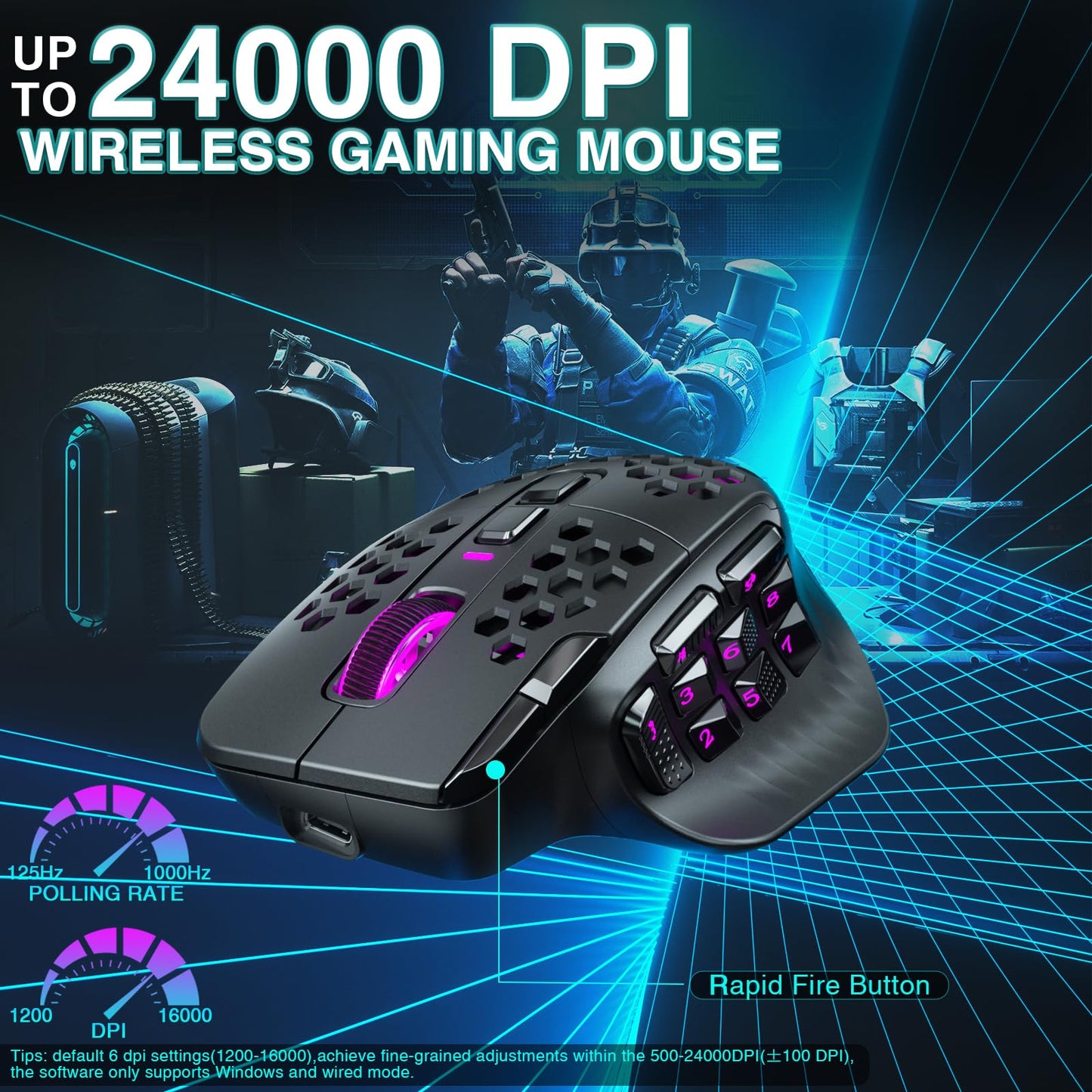 SOLAKAKA SM809 Pro Wireless MMO Gaming Mouse with 9 Side Buttons,24000 DPI,Triple Connectivity (2.4G/BT/Wired) RGB MMO Mouse for Gamer,16 Programmable Macros,Up to 350H Battery Life,Black