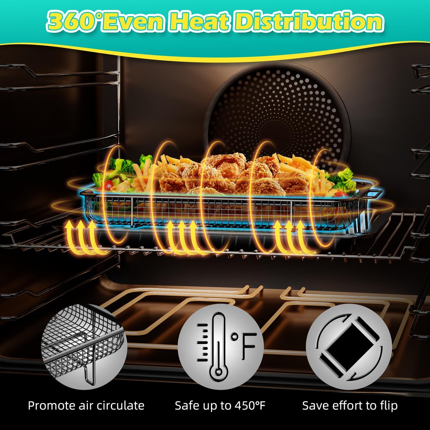 Air Fryer Basket, OPENICE 2 Set Air Fryer Pan and Crisper Tray for Oven, Non-stick Oven Air Fryer Basket for Baking and Crispy Foods - Black