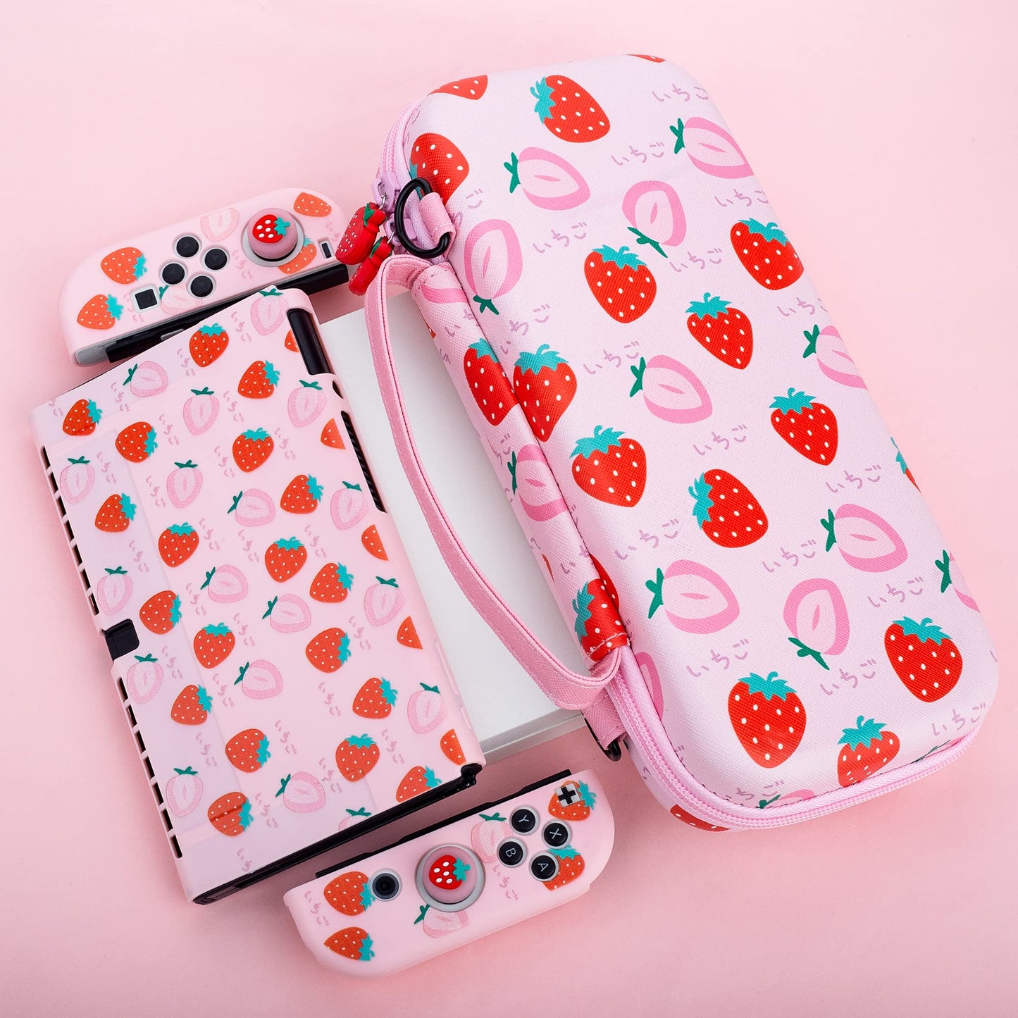 RHOTALL Strawberry Theme Carrying Case Set for Nintendo Switch OLED, Cute Accessories Bundle for Switch OLED with TPU Protective Shell, Adjustable Shoulder Strap, Screen Protector and 2 Thumb Caps