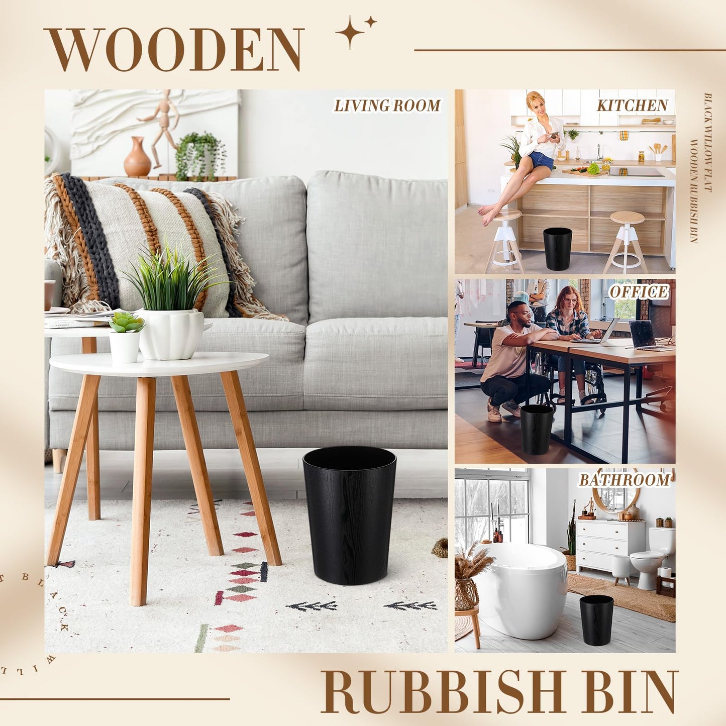 Threehoney 2 Pack 2.3 Gallons Wood Trash Can Wastebasket Natural Wood Round Wastebasket Small Trash Bin for Home, Office Under Desk, Kitchen, Bedroom, Hotel, Room(Black,Flat)
