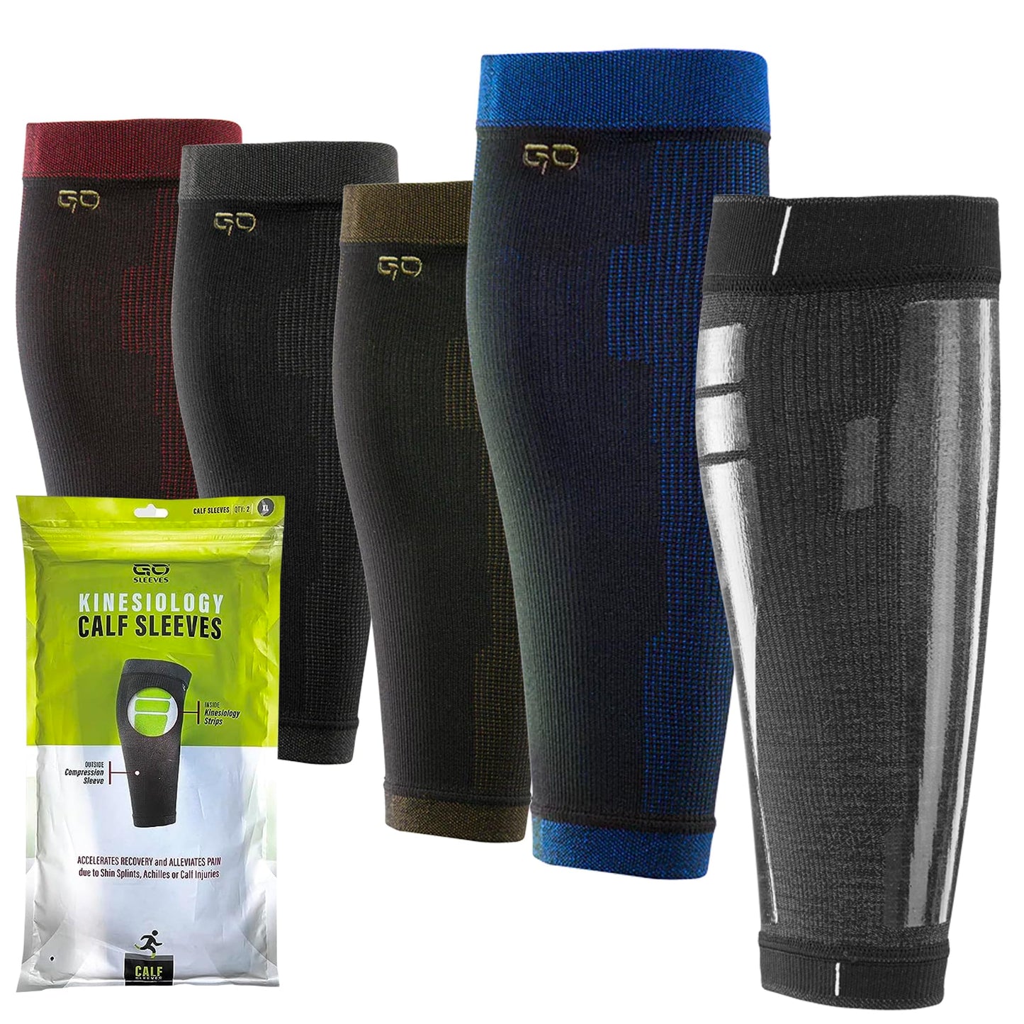GO SLEEVES Kinesiology Calf Compression Sleeve Men, Targeted Support for shin splints, Muscle Fatigue, Soreness, Calf Muscle