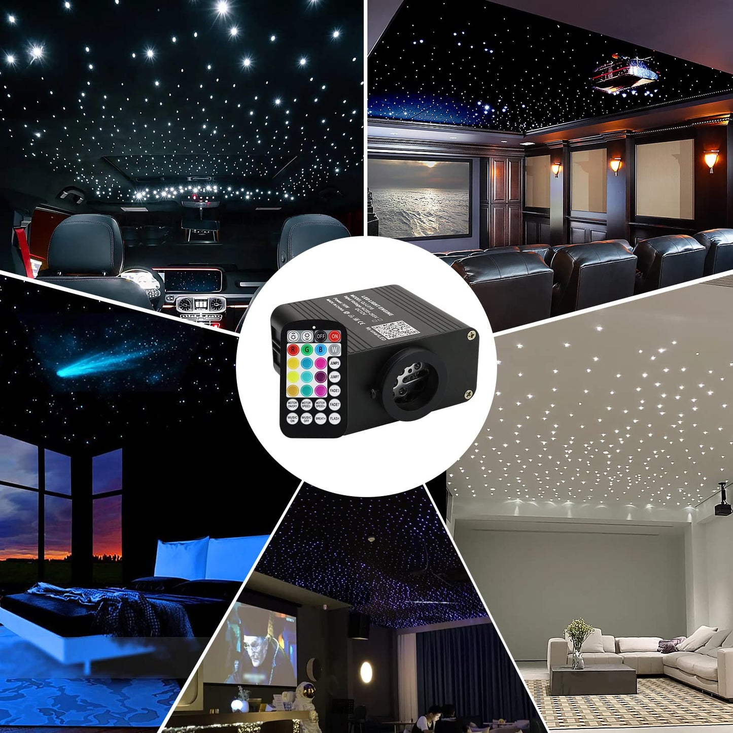 AMKI Updated 16W Starlight Headliner Kits 650pcs 0.03in 9.8ft Twinkle + Music Mode Mixed APP Remote Sound Control Car Home RGBW Fiber Optic Light Star Ceiling Light Kit