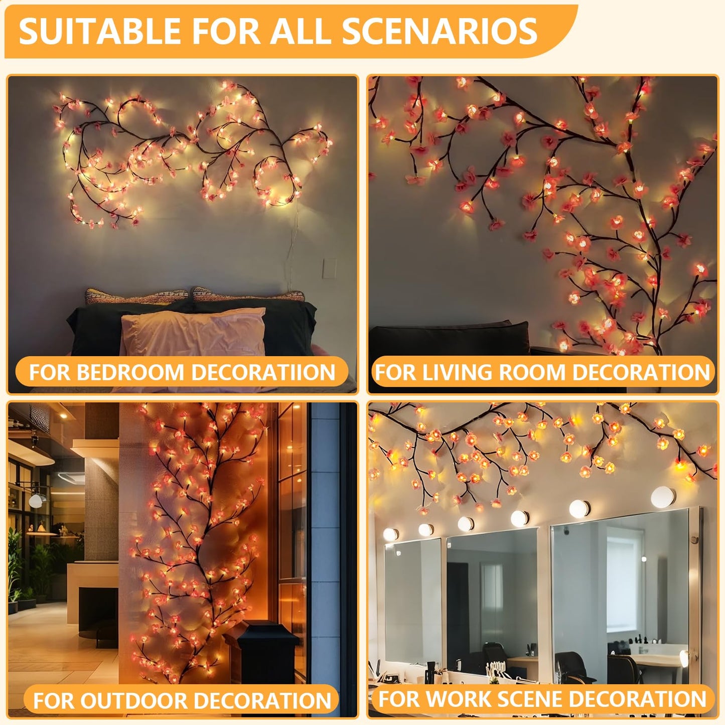FNHMSL Cherry Enchanted Willow Vine Lights 7.55FT 144LED Pink Cherry Blossom Tree Branch Lights for Wall, Remote Timer,8 Light Model,Bedroom Wall Doors Wedding, Christmas, USB Battery Box