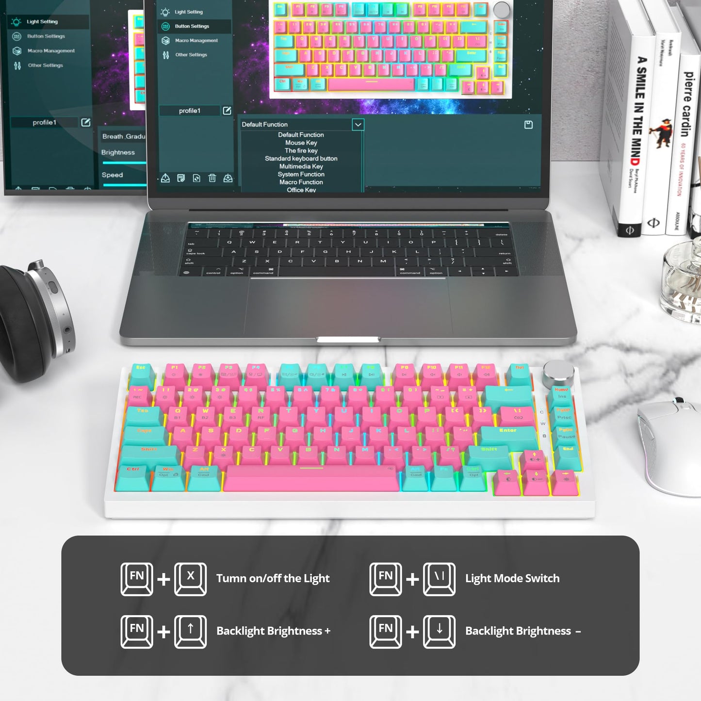 iRoboosta 400PRO 75% Wireless Creamy Mechanical Keyboard Pink, Gasket Hot Swappable RGB Gaming Keyboard, Bluetooth/2.4GHz/USB-C Cute Keyboard with Pre-lubed Cream Grey Switches (82 Pink Cyan) ﻿