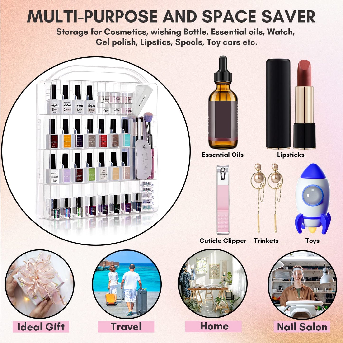 Makartt Gel Nail Polish Organizer, Clear Storage Case Holder for 60 Bottles, Large Compartment, Space-Saving, Travel Carry, Colors Display