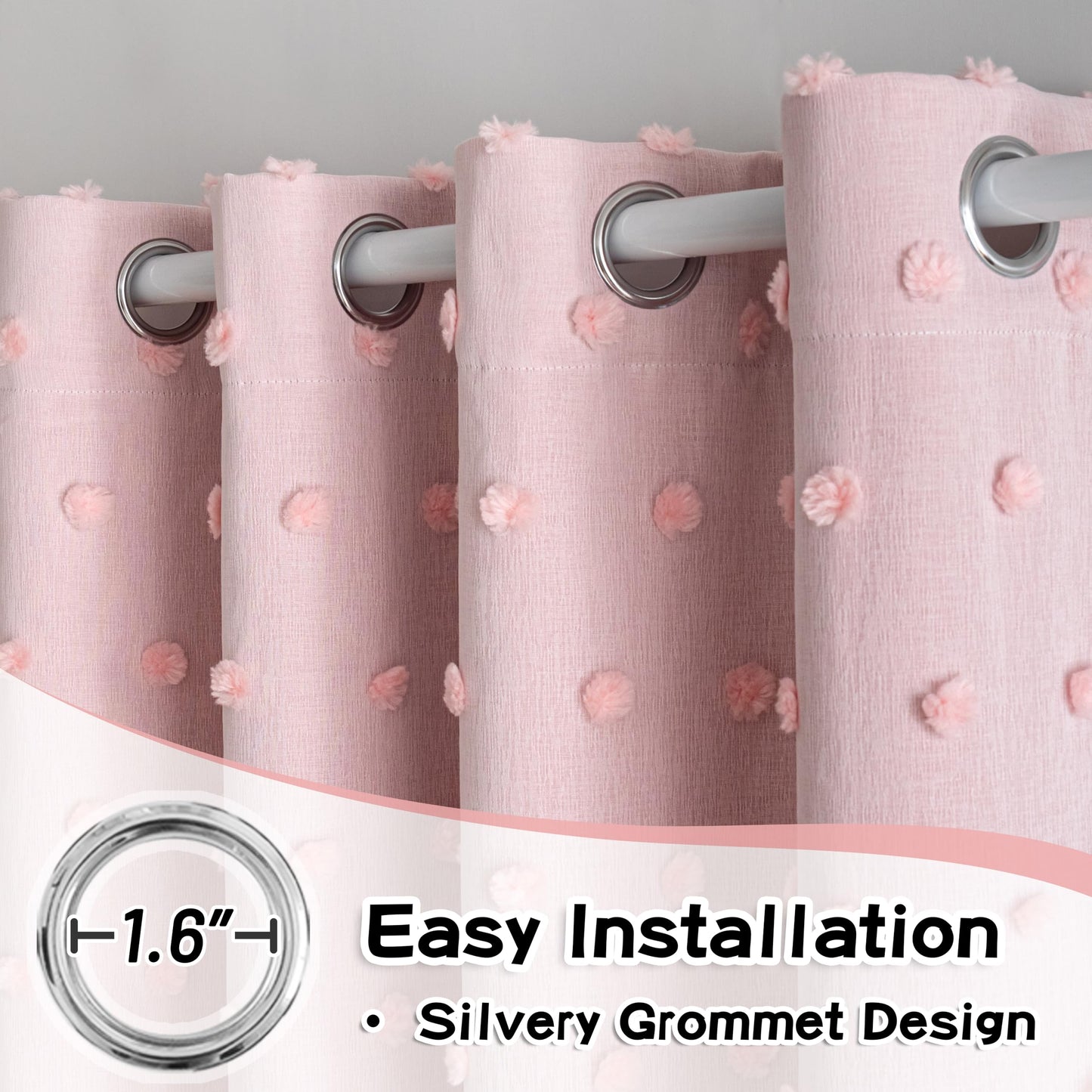 MYSKY HOME Pink Curtains for Girls Bedroom Pom Pom Sheer Curtain 63 Inches Length Thermal Insulated Nursery Blackout Curtains Room Darkening Short Kitchen Drapes Grommet, 52 x 63 in, 2 Panels
