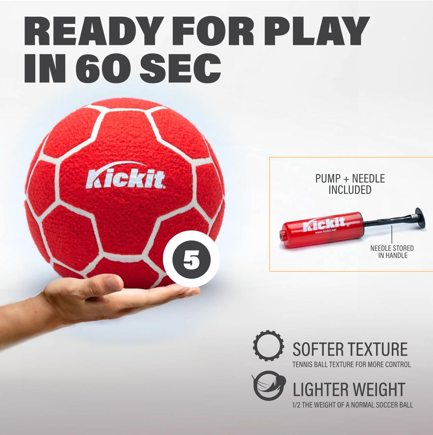 KickIt Soccer Tennis Game Set, Portable 6.5' Wide x 2' High Net with Soft Lightweight Ball, Red, Metal, Complete Skills Training, Outdoors Indoors Backyard Beach, Travel Friendly, Ages 7+