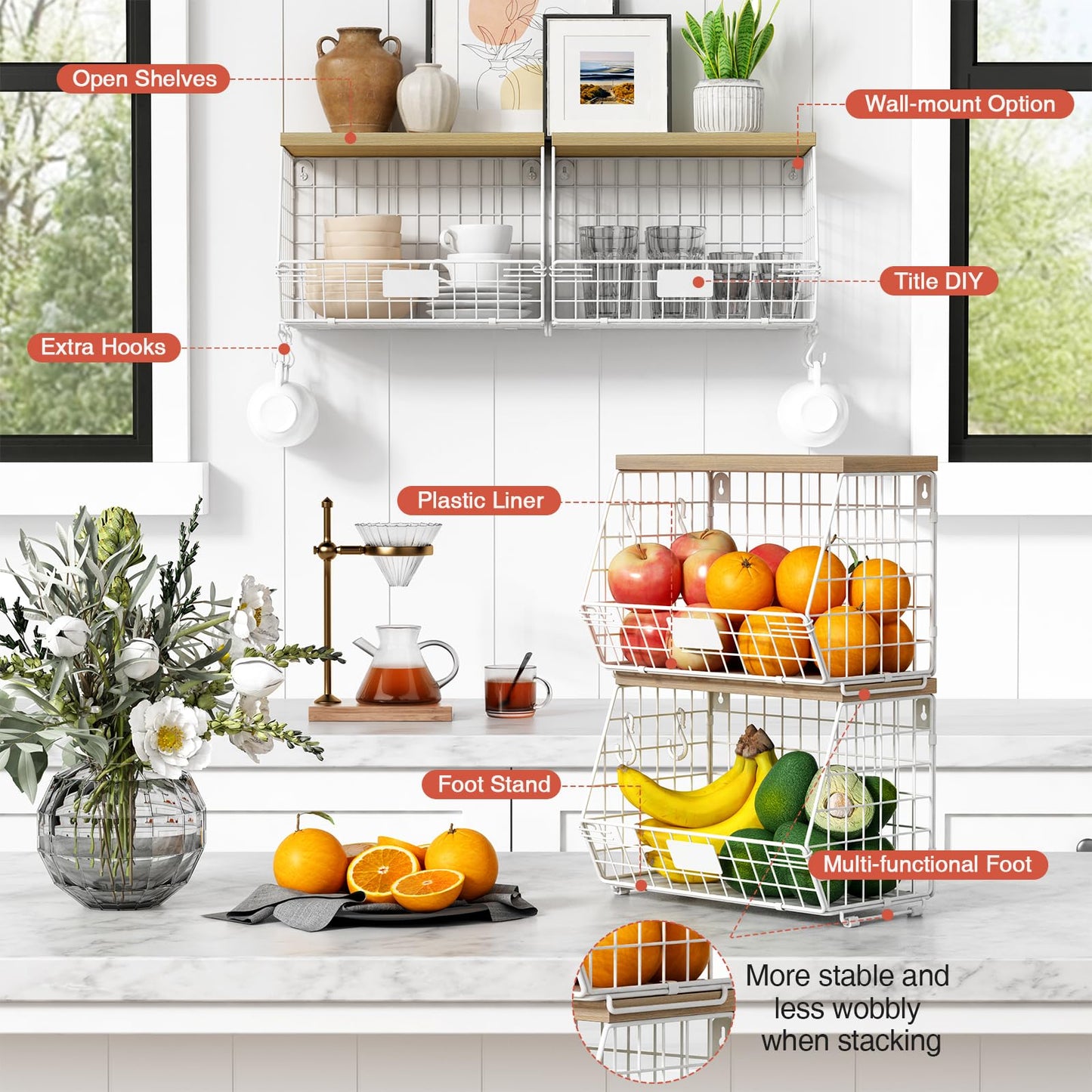 Goozii White Fruit Storage Basket for Kitchen Counter Set of 2, Wall Mount Wire Fruit Basket with Shelf with Banana Hanger, Hanging Countertop Organizer for Bathroom Pantry Cabinet, White + Natural
