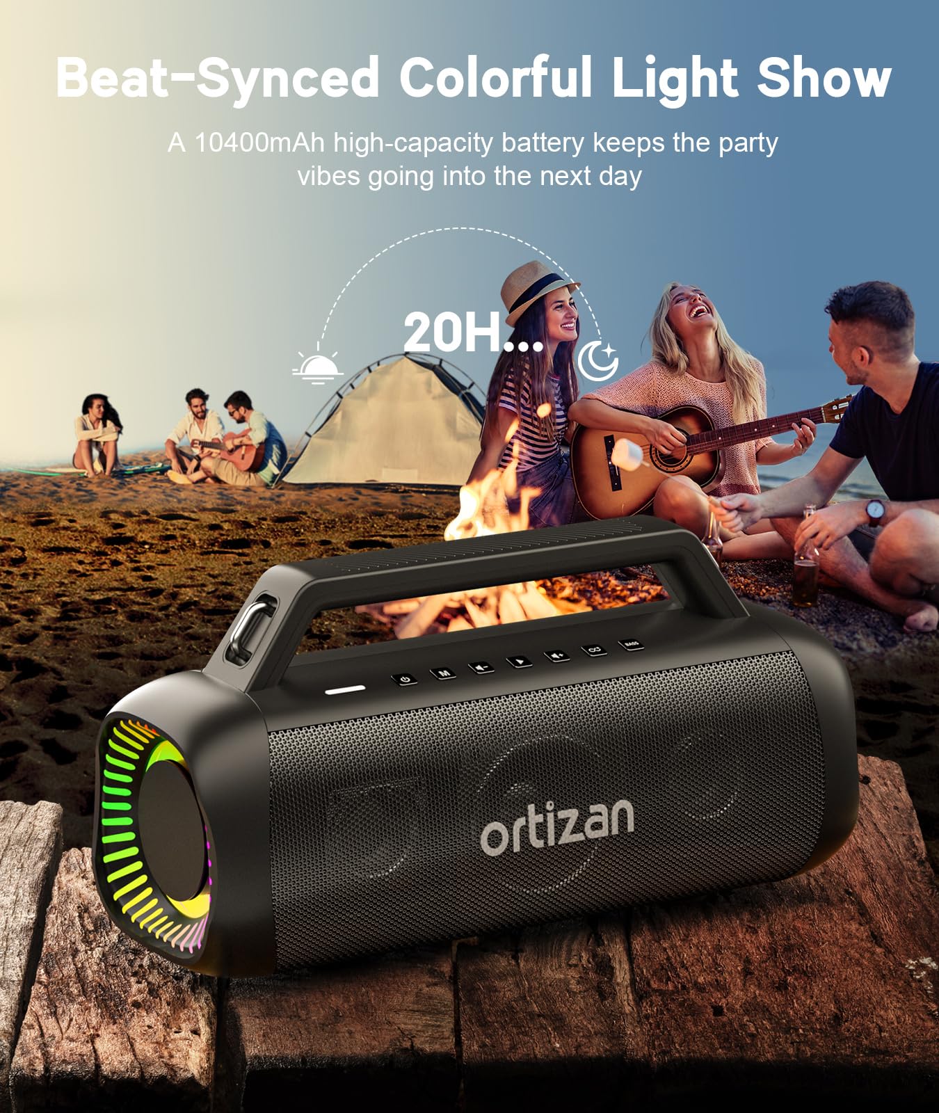 Ortizan Portable Bluetooth Speaker Loud, 80W Peak, Bass Up, 24H Playtime, IPX7 Waterproof, RGB Lights, Wireless Stereo Pairing, BT5.3, USB-C, Subwoofer Outdoor Speaker for Camping, Beach, Backyard