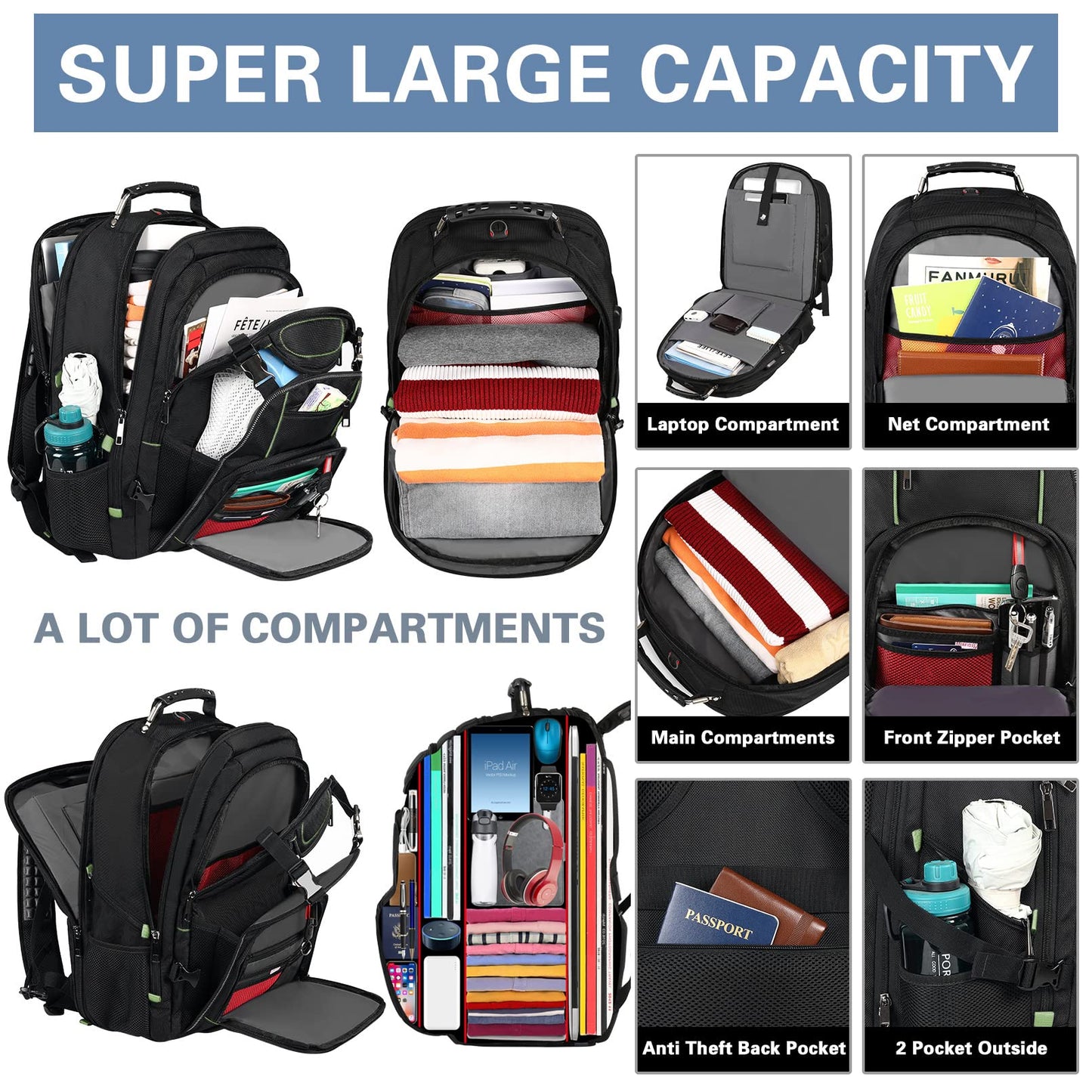 SINVICKO Extra Large 18.4 Inch Laptop Backpack, Green, RFID Anti-Theft, TSA Friendly, USB Charging Port, Water Resistant, Heavy Duty, Durable, for Men