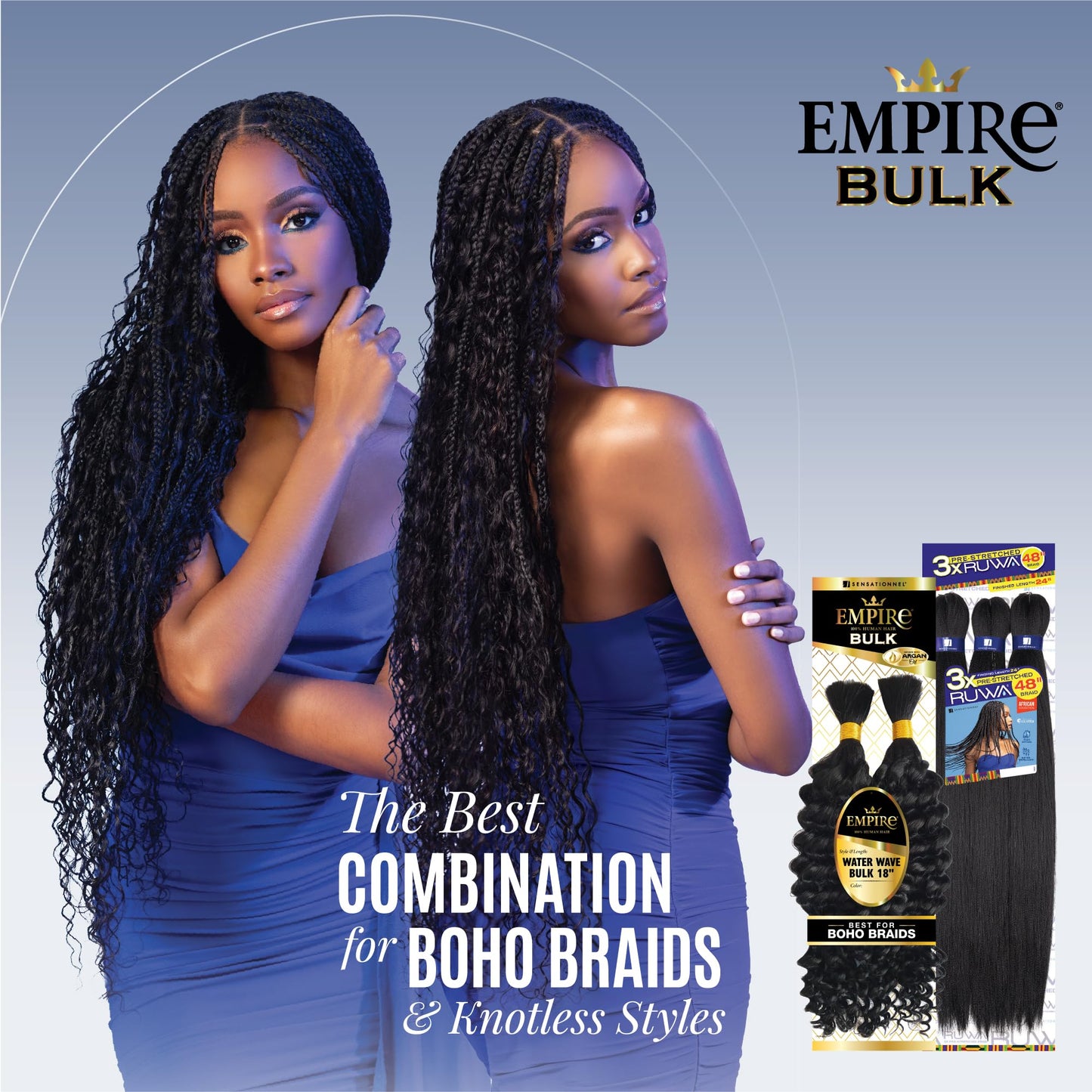 Sensationnel Empire bulk braiding – water wave 18 inch human hair braids for knotless boho box or curly loose wave styles - 1 pack (1B OFFBLACK)