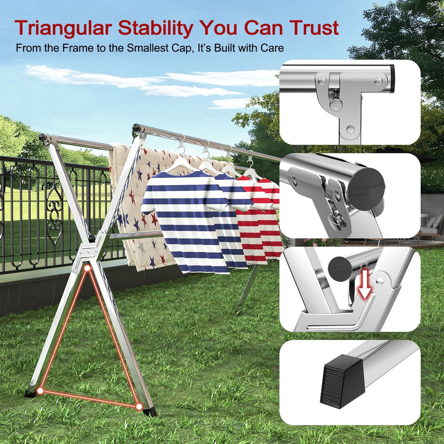 SOLVESTIS Clothes Drying Rack, Heavy-Duty Folding Laundry Drying Rack for Indoor Outdoor Use, 50.4-78.7" Extendable Stainless Steel, Space-Saving Design, Foldable Freestanding Airer