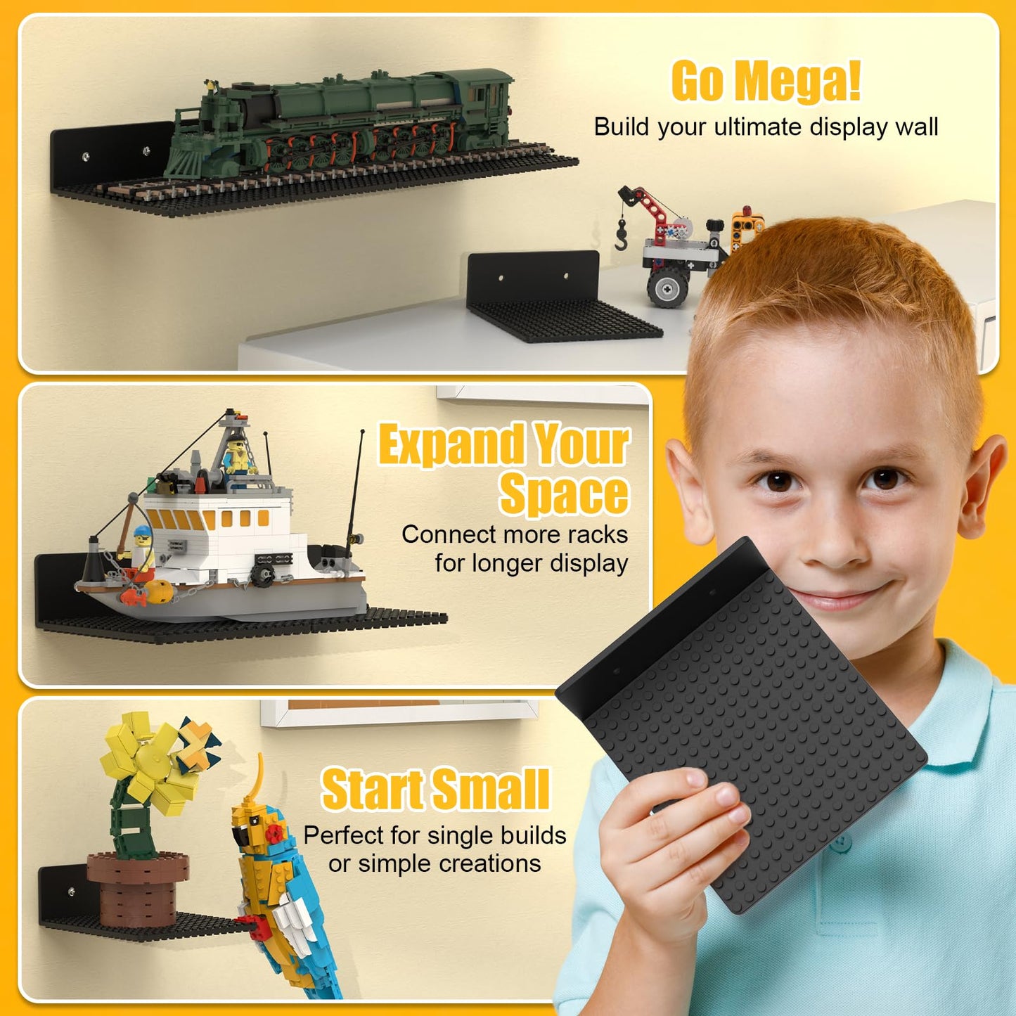 BlissBox 12-Pack Floating Shelves for Wall Compatible with Lego Building Bricks, 5x5.5inch Dual‑Sided 16x17 Studs for Toy Brick Storage and Display, ABS Display Shelves for Room Decor, Black