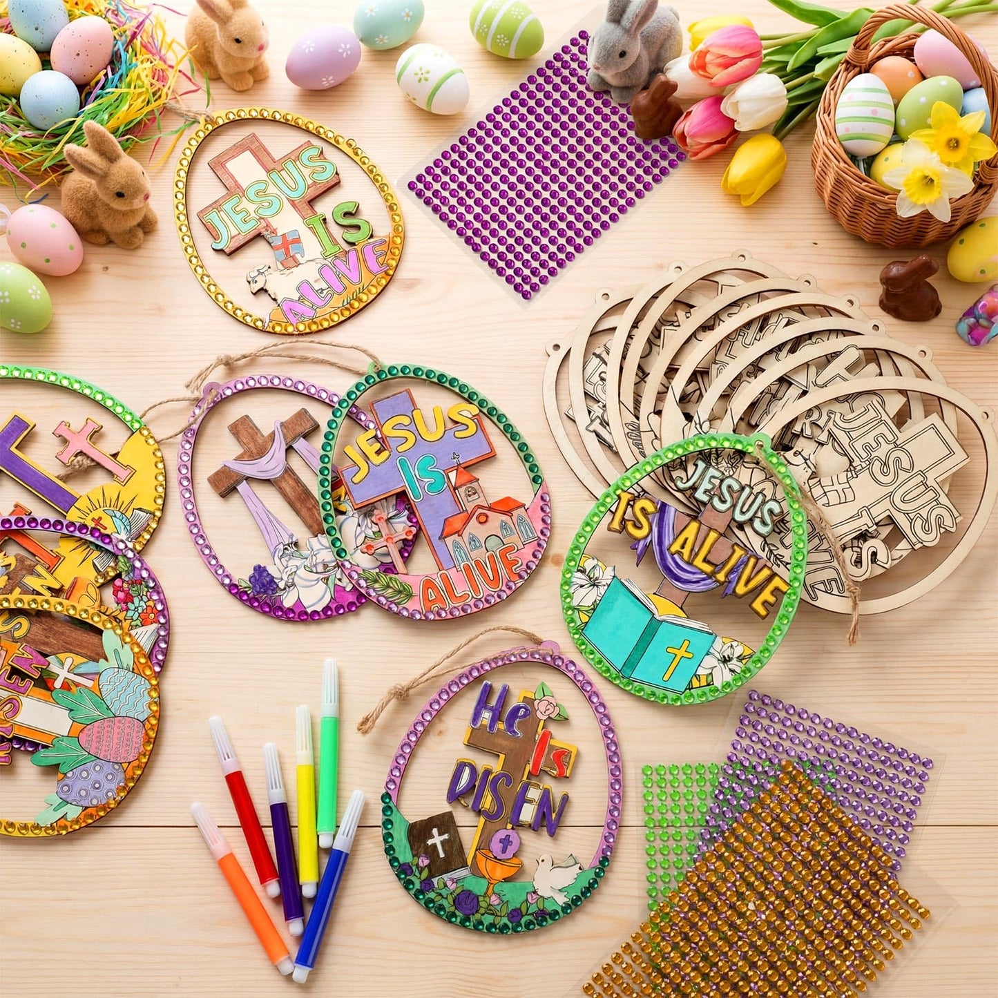 Wovnet 48 Pcs Wooden Craft Kit Make Your Own Ornaments Christian Religious Craft with Gem Sticker for Holiday Church Party Decoration Supplies (Mother's Day)