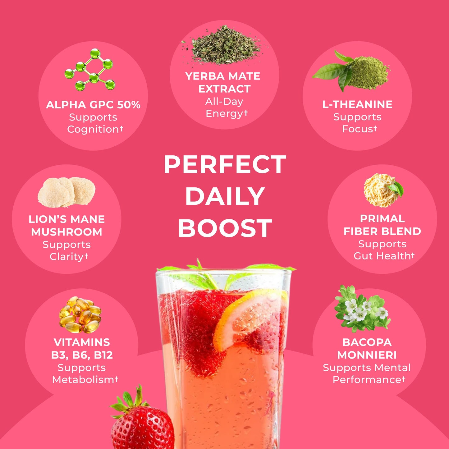 Yerba Mate Instant Tea Powder - Zero Sugar Drink with Nootropics, Prebiotics & Probiotics for Clean Energy & Focus - Coffee Alternative for Mental Clarity & Gut Health Support - Strawberry Kiwi, 30 Servings
