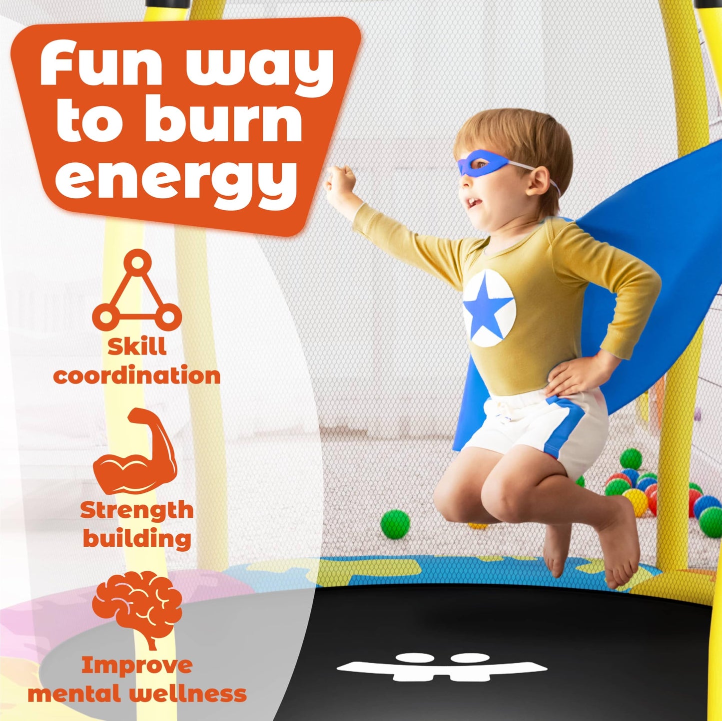 Happin 55” Toddler Trampoline, Indoor & Outdoor Playset Ages 1-8, 5FT Kids Trampoline, Ultra Safe Mini Trampoline for Kids with Safety Enclosure Net, Gifts for Birthday Boys & Girls, Basketball Hoop