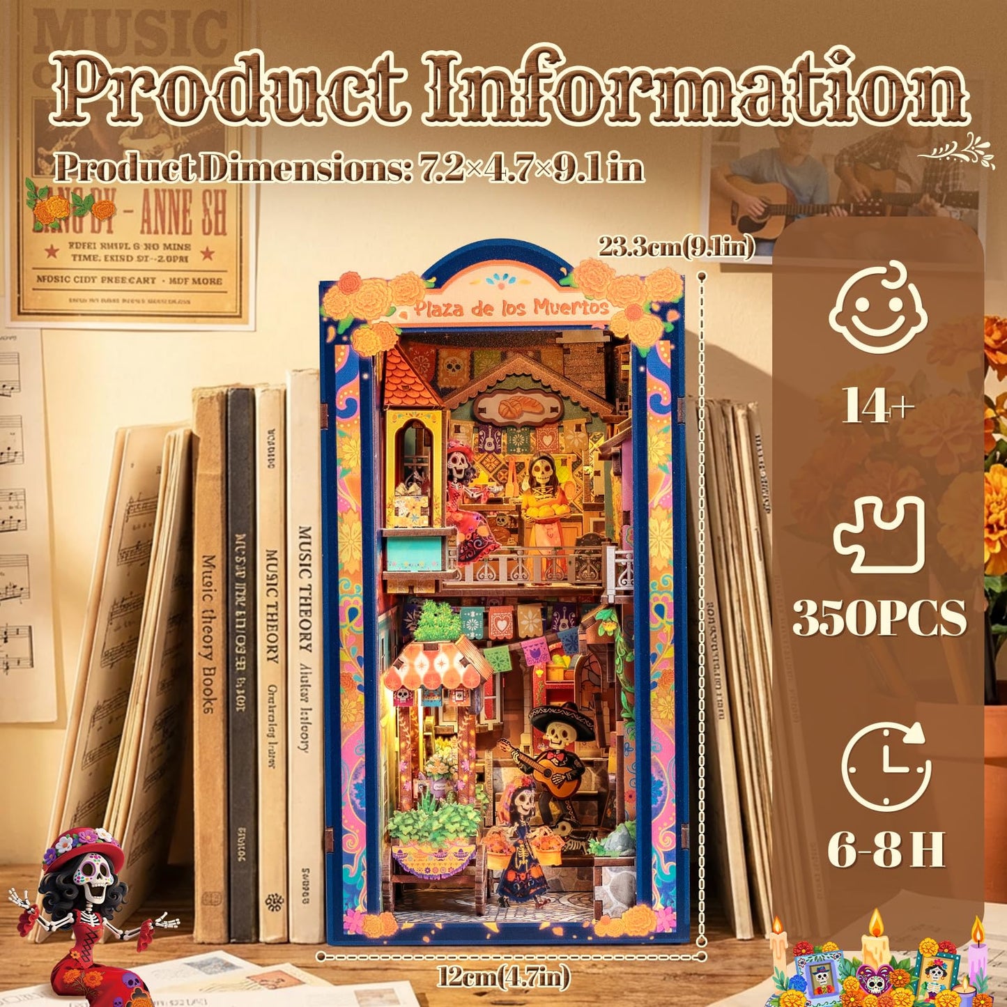 CUTEBEE Book Nook Kit - DIY Miniature House for Adults, 3D Wooden Puzzle Bookshelf Insert Decor, Day of the Dead Booknook, Mexican Folklore LED Miniature Kit, Unique Gifts (Plaza de los Muertos)