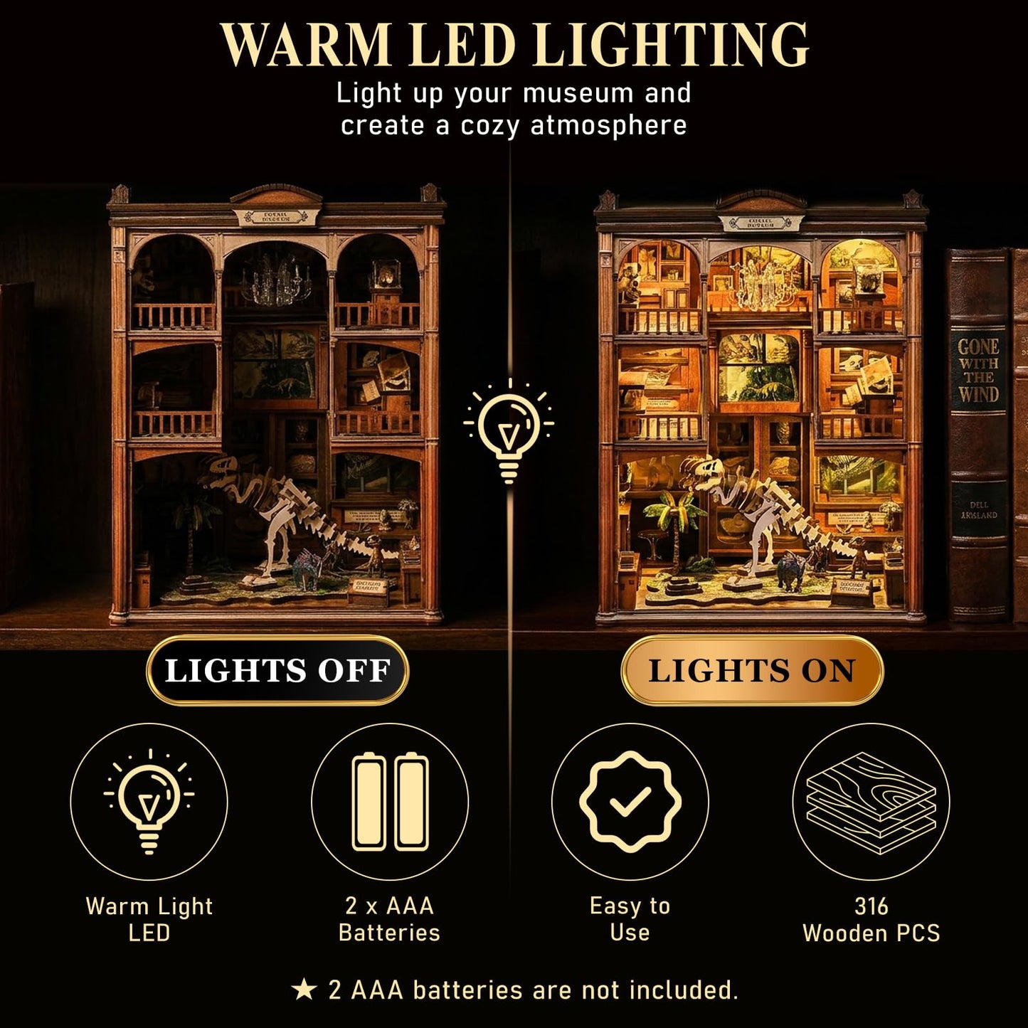 3D Puzzles for Adults DIY Book Nook Kit - Wooden Bookshelf Decor Miniature House Kit, Book Nook for Bookshelf with LED Light, Dinosaur Fossil Museum Bookend Craft Gift for Teens